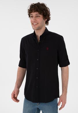 Erkek Siyah Keten Görünümlü Basic Gömlek - 50306285023