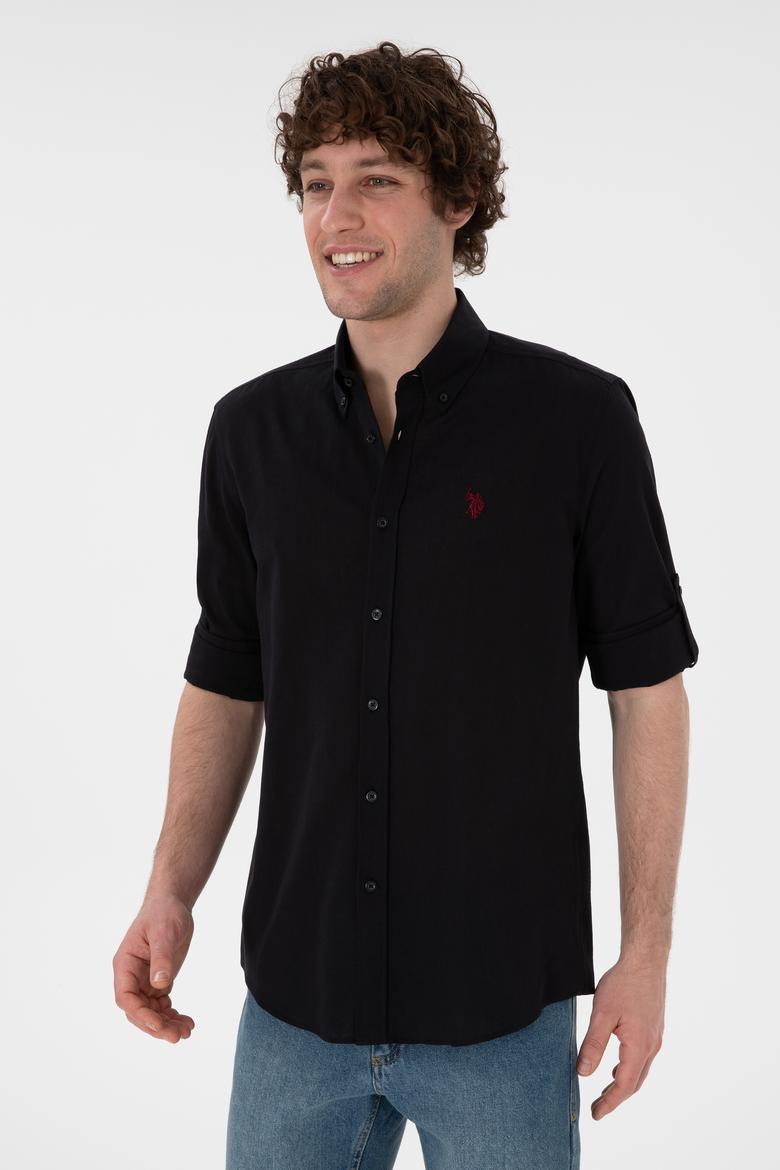 Erkek Siyah Keten Görünümlü Basic Gömlek - 50306285023