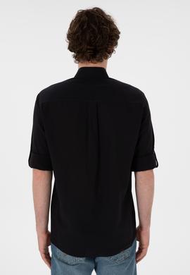 Erkek Siyah Keten Görünümlü Basic Gömlek - 50306285023