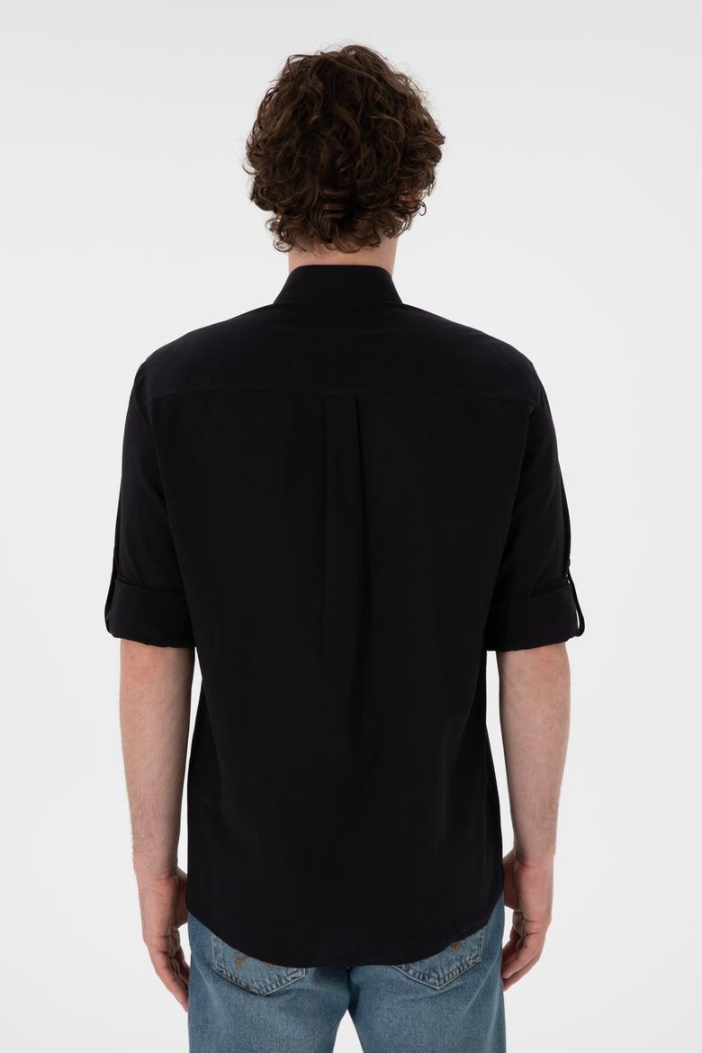 Erkek Siyah Keten Görünümlü Basic Gömlek - 50306285023