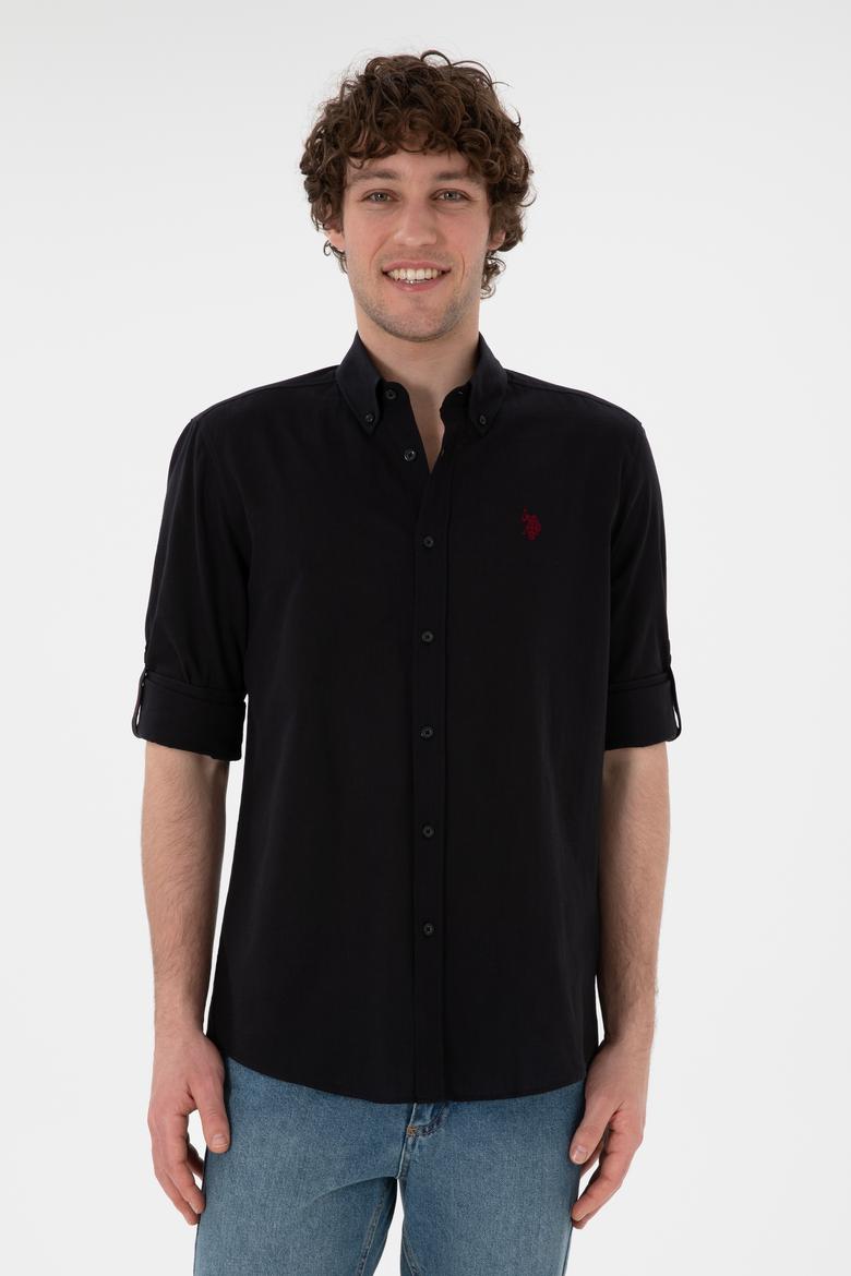 Erkek Siyah Keten Görünümlü Basic Gömlek