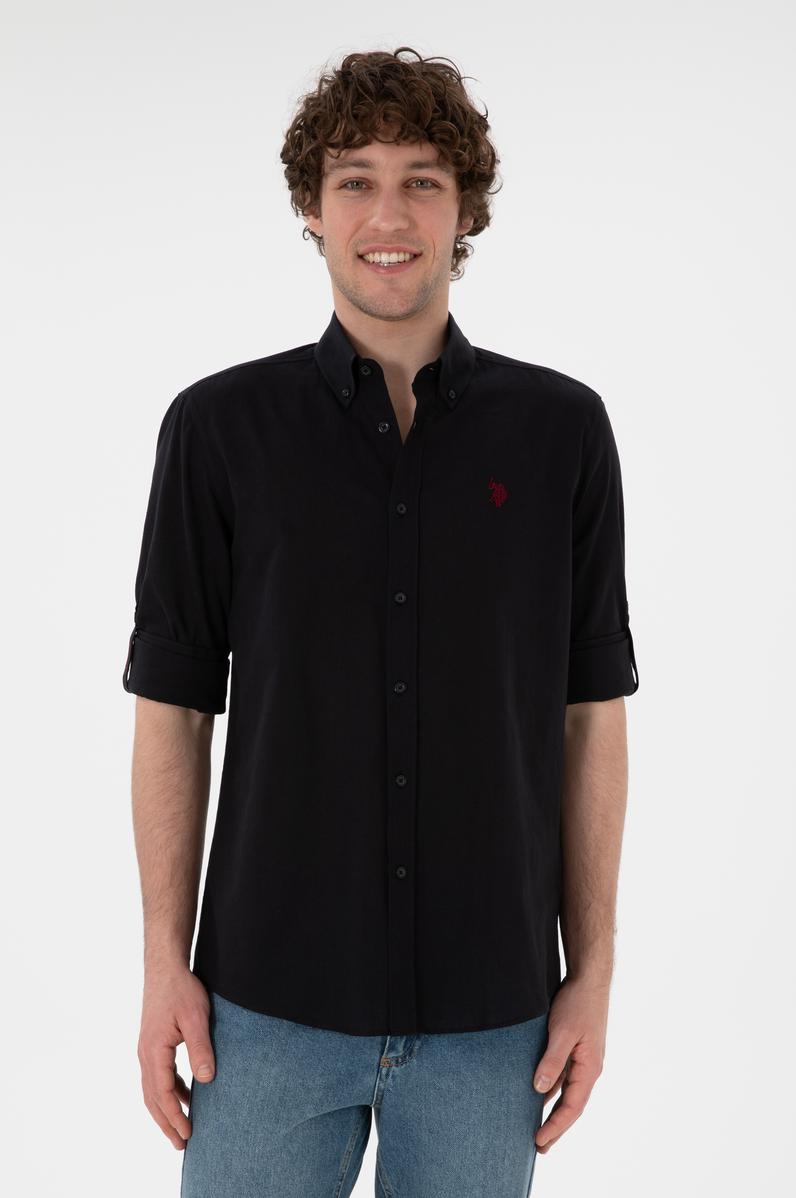 Erkek Siyah Keten Görünümlü Basic Gömlek