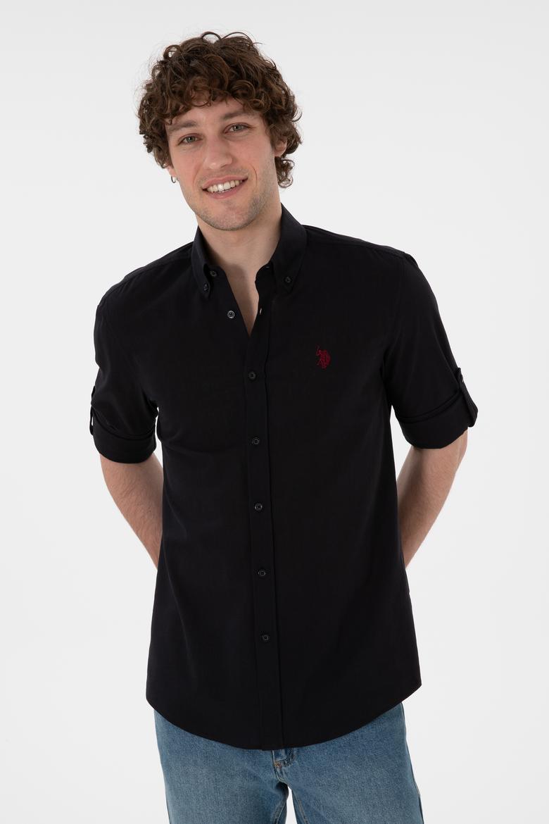 Erkek Siyah Keten Görünümlü Basic Gömlek - 50306285023