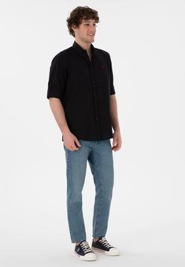 Erkek Siyah Keten Görünümlü Basic Gömlek - 50306285023