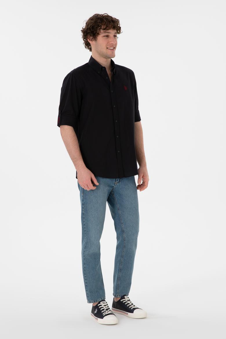 Erkek Siyah Keten Görünümlü Basic Gömlek - 50306285023