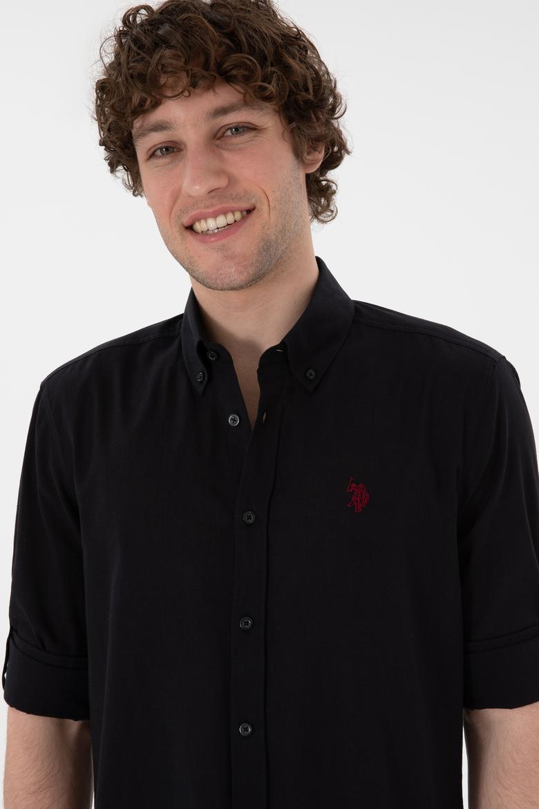 Erkek Siyah Keten Görünümlü Basic Gömlek - 50306285023