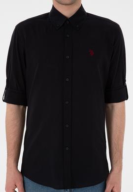 Erkek Siyah Keten Görünümlü Basic Gömlek - 50306285023