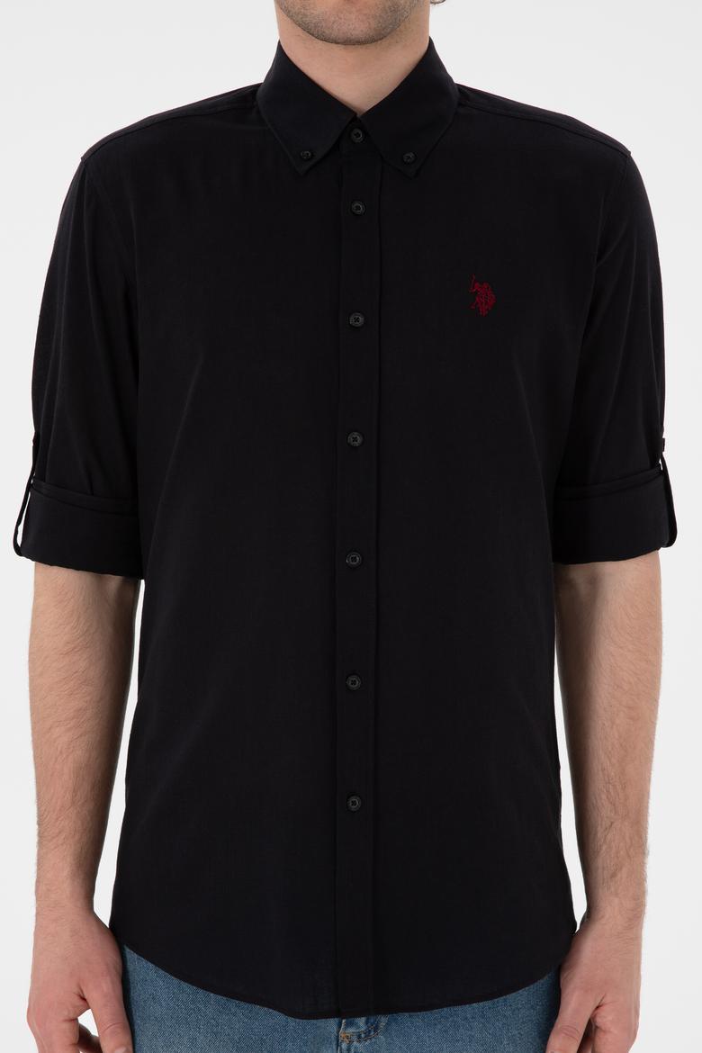 Erkek Siyah Keten Görünümlü Basic Gömlek - 50306285023