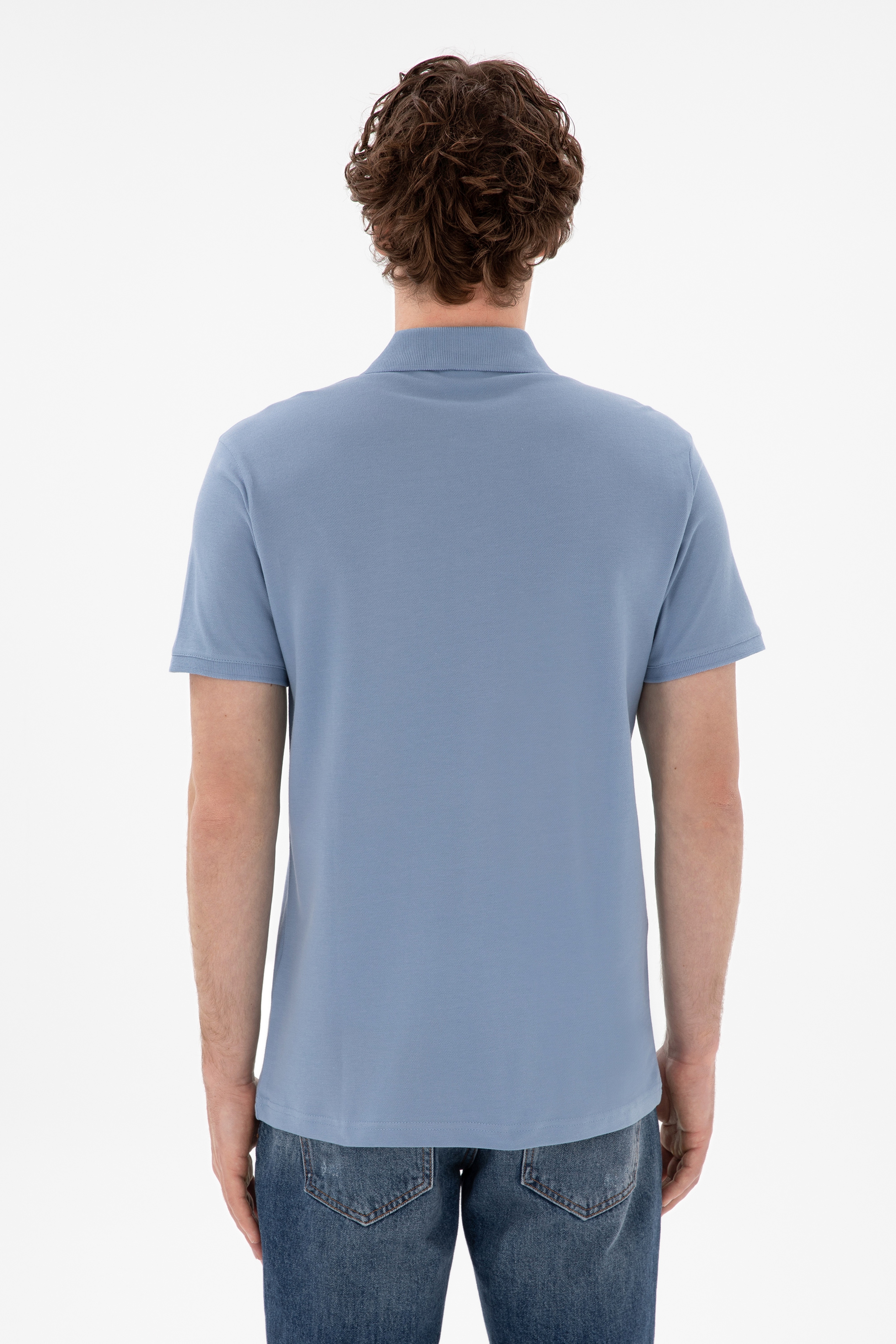 Erkek Slim Fit Polo Yaka Mavi Basic Tişört