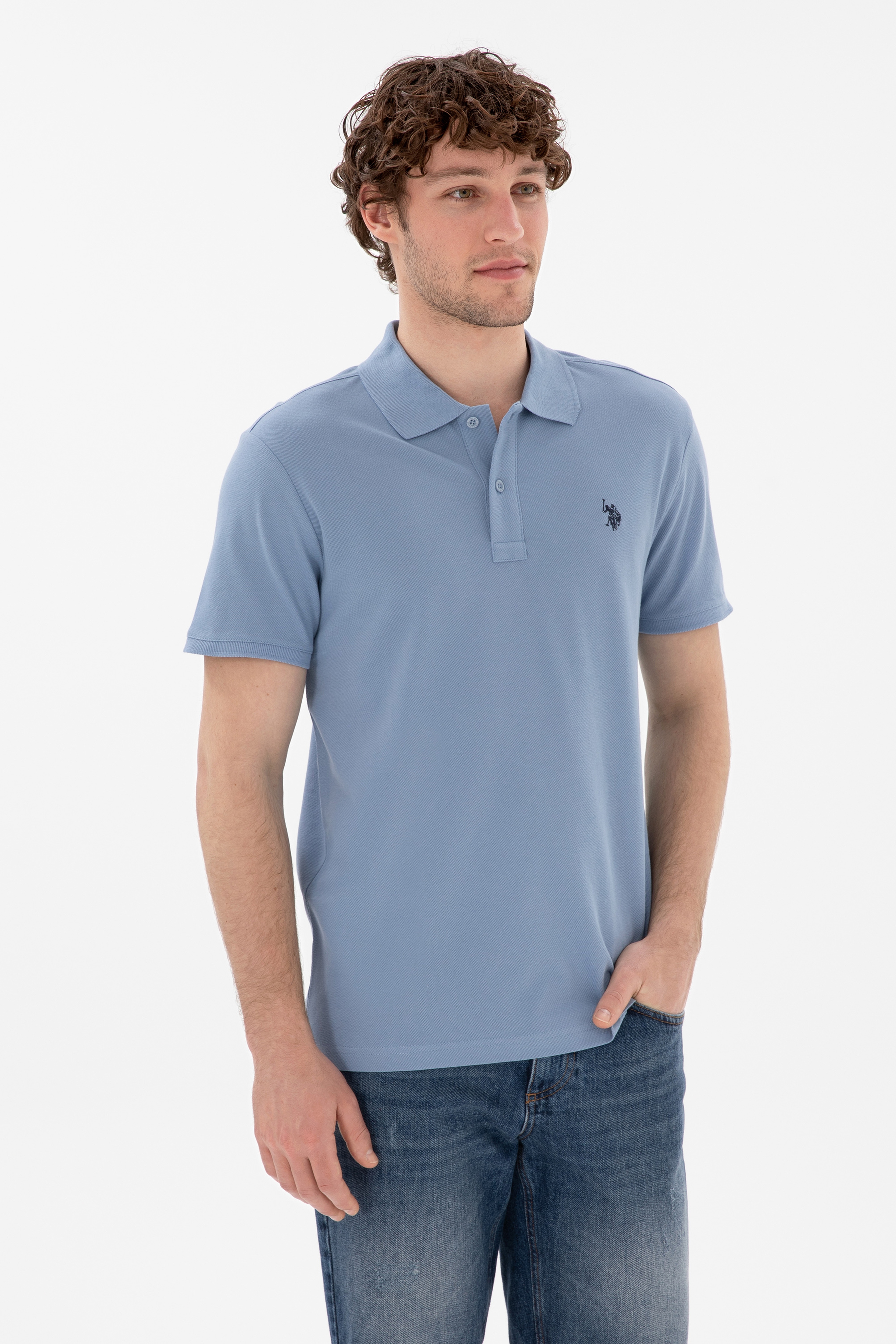 Erkek Slim Fit Polo Yaka Mavi Basic Tişört - Image 1