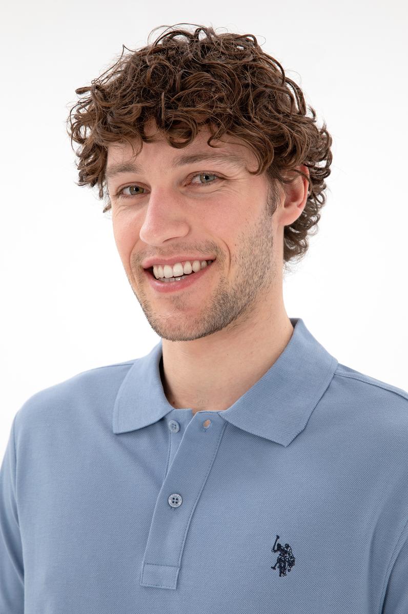 Erkek Slim Fit Polo Yaka Mavi Basic Tişört