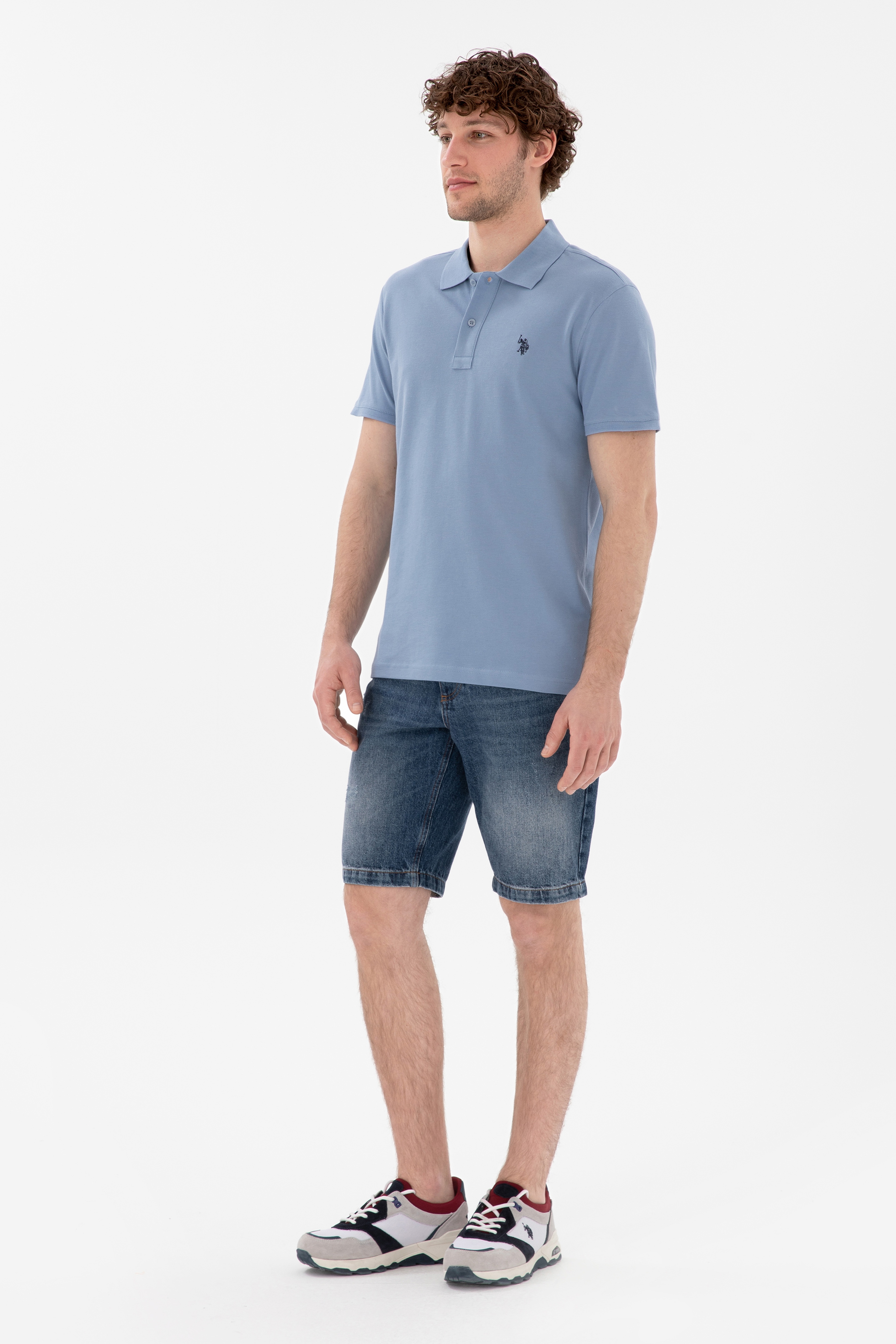 Erkek Slim Fit Polo Yaka Mavi Basic Tişört