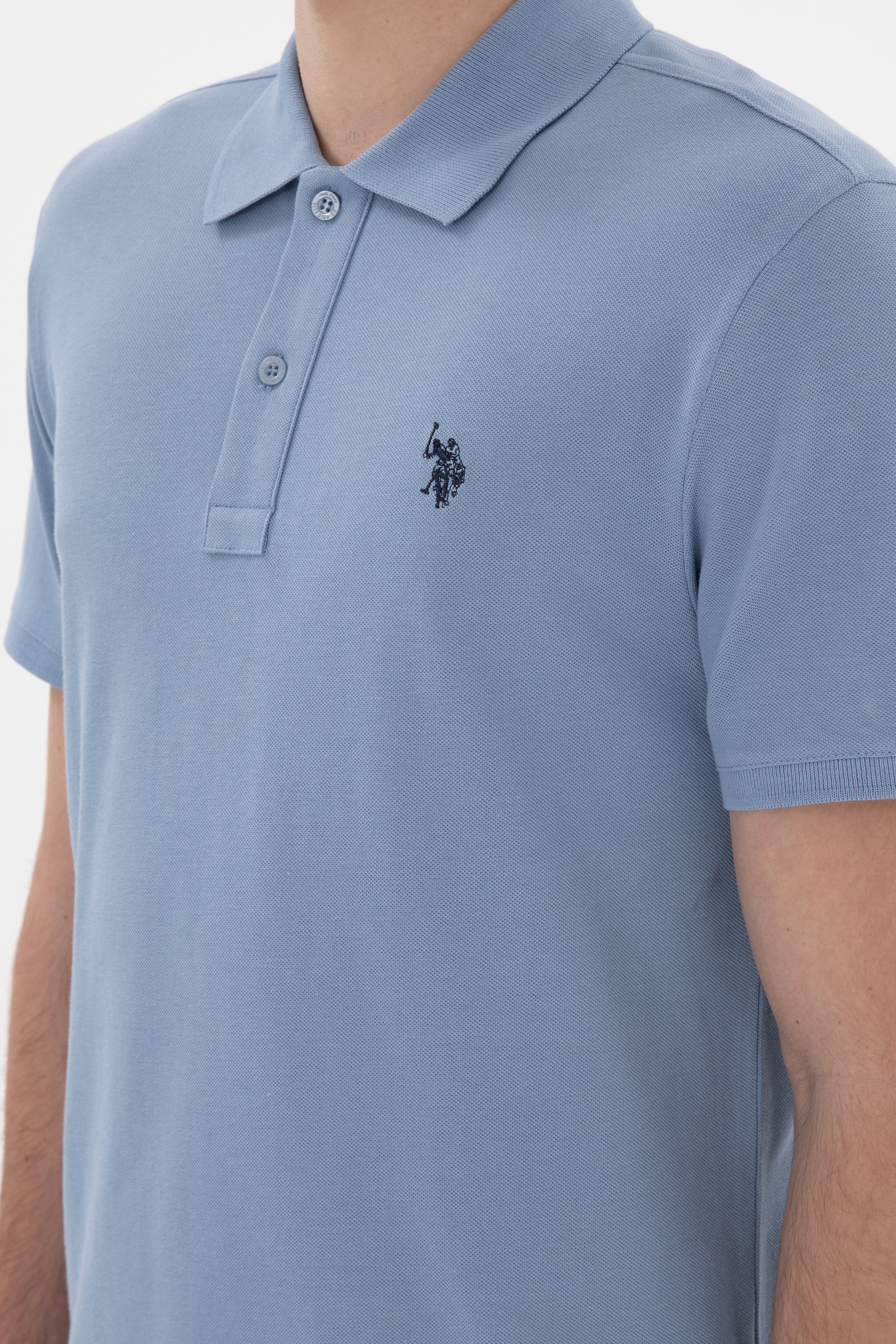 Erkek Slim Fit Polo Yaka Mavi Basic Tişört - Image 7
