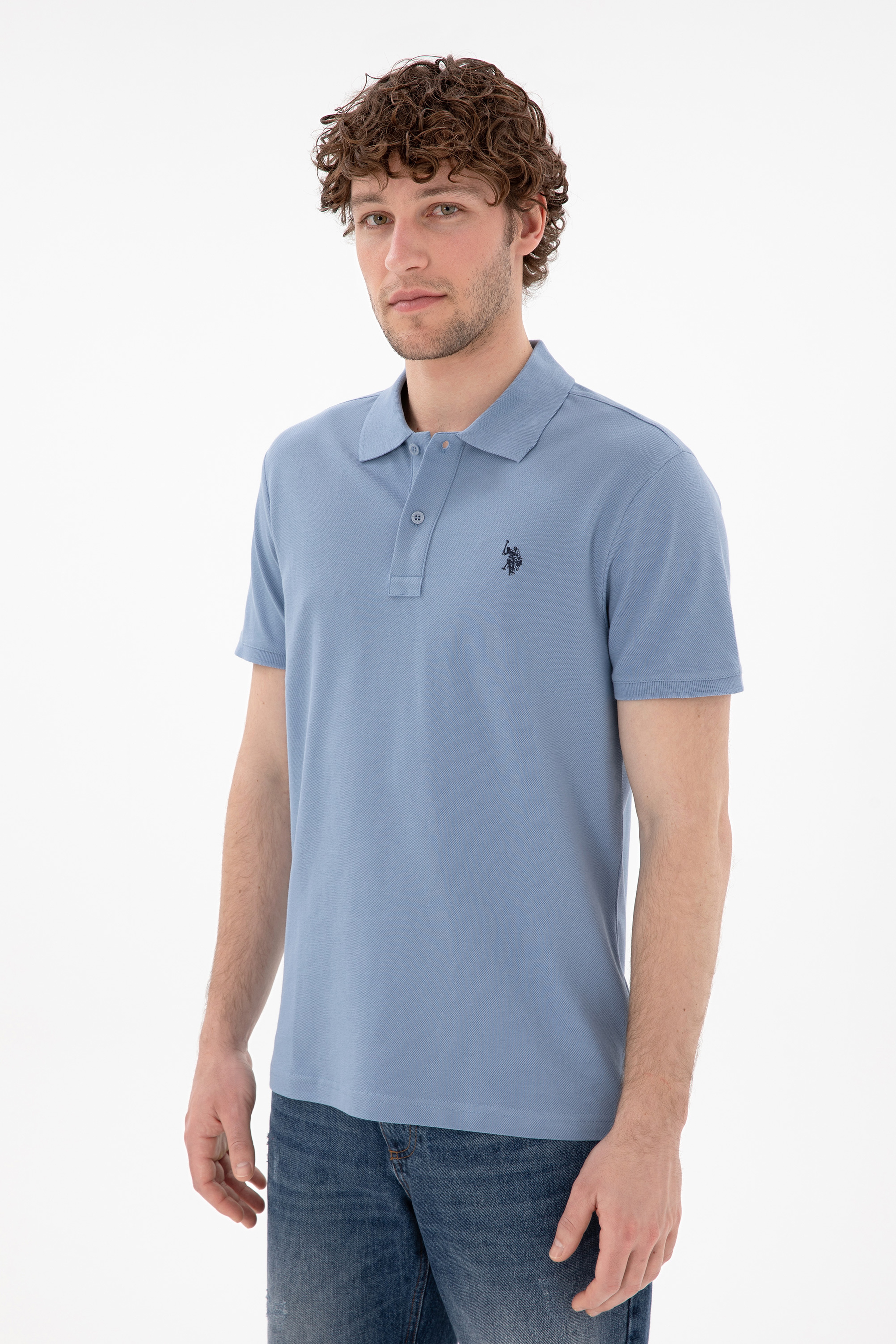 Erkek Slim Fit Polo Yaka Mavi Basic Tişört