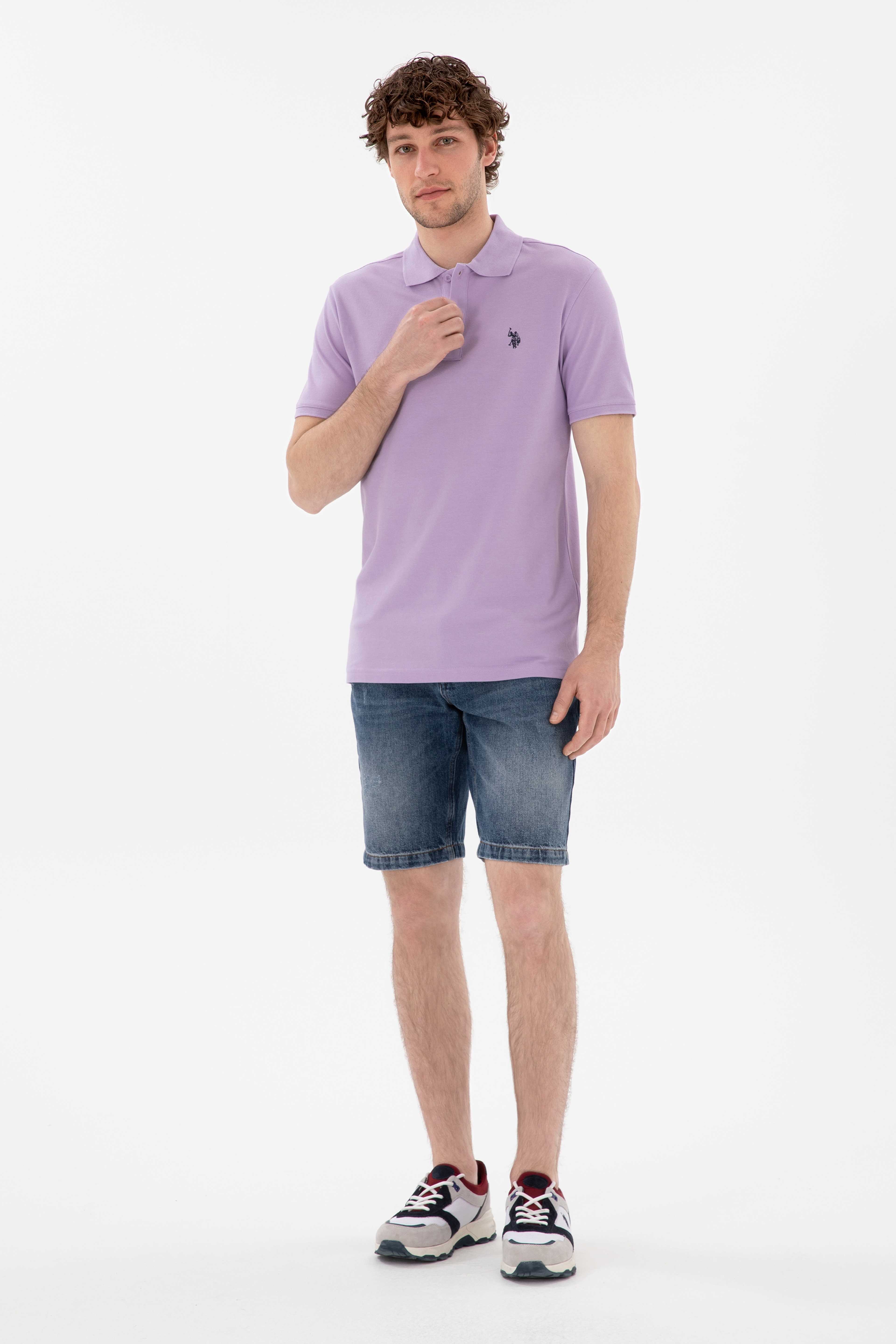 Erkek Slim Fit Polo Yaka Lila Basic Tişört - Image 4