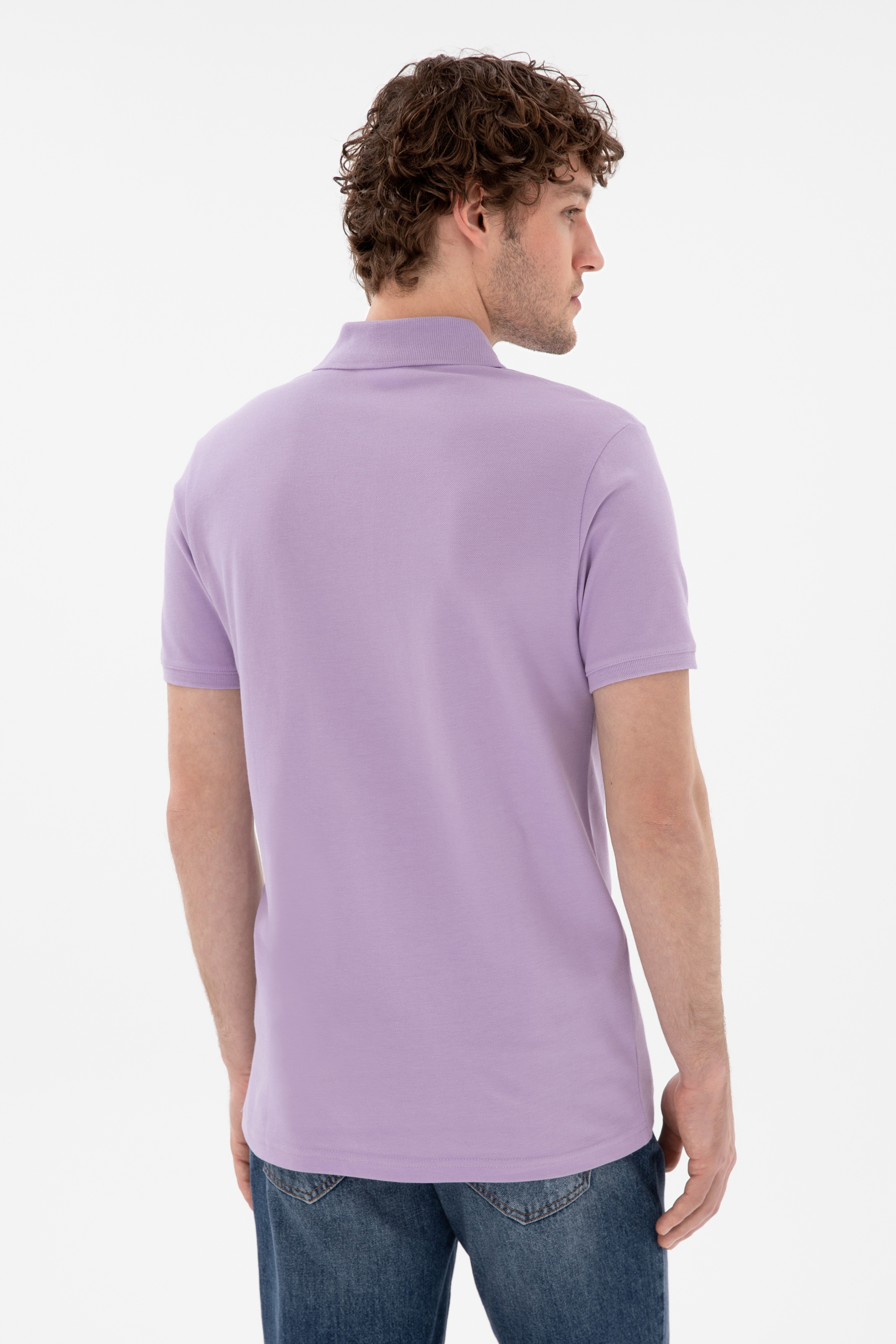 Erkek Slim Fit Polo Yaka Lila Basic Tişört - Image 5