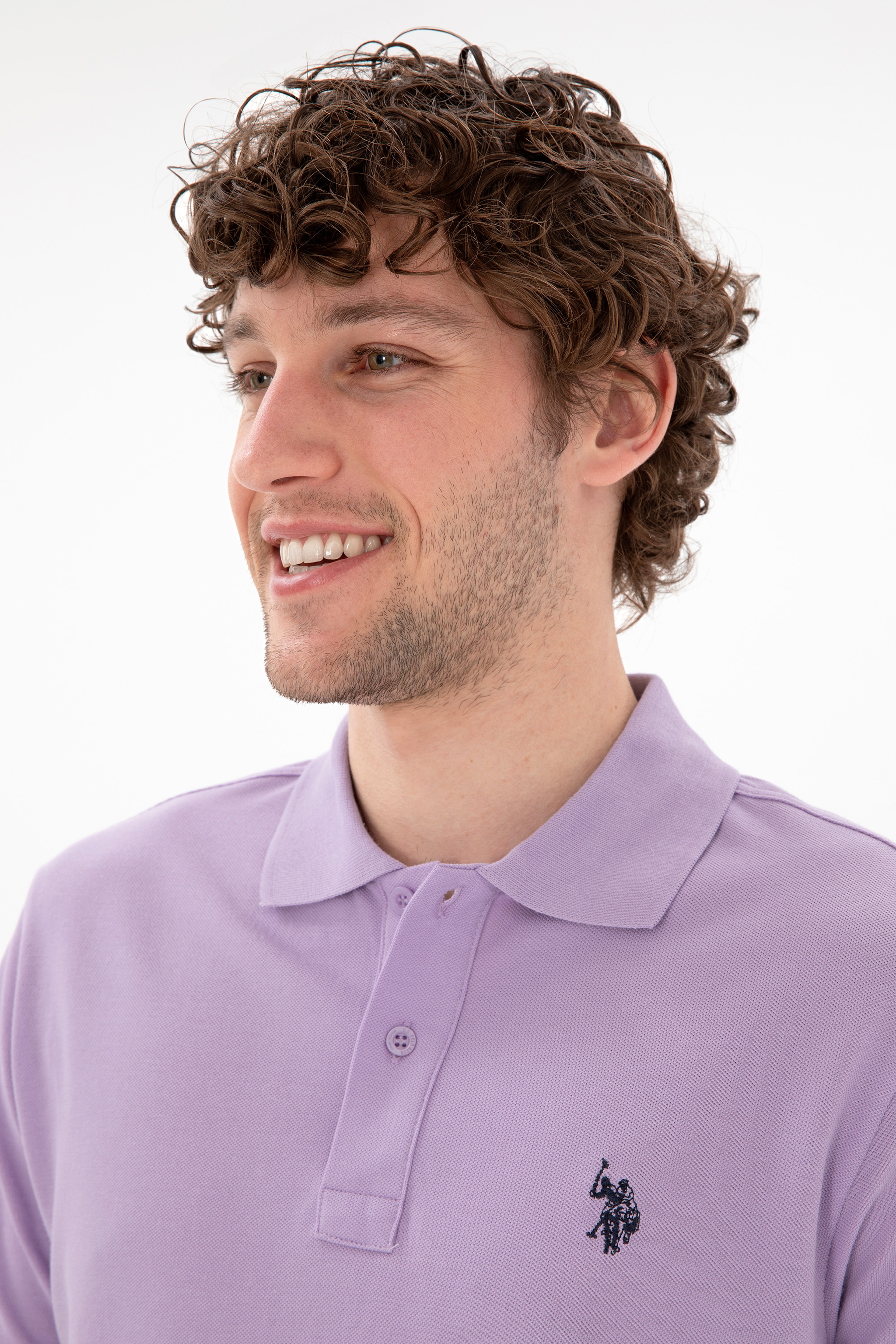 Erkek Slim Fit Polo Yaka Lila Basic Tişört - Image 2