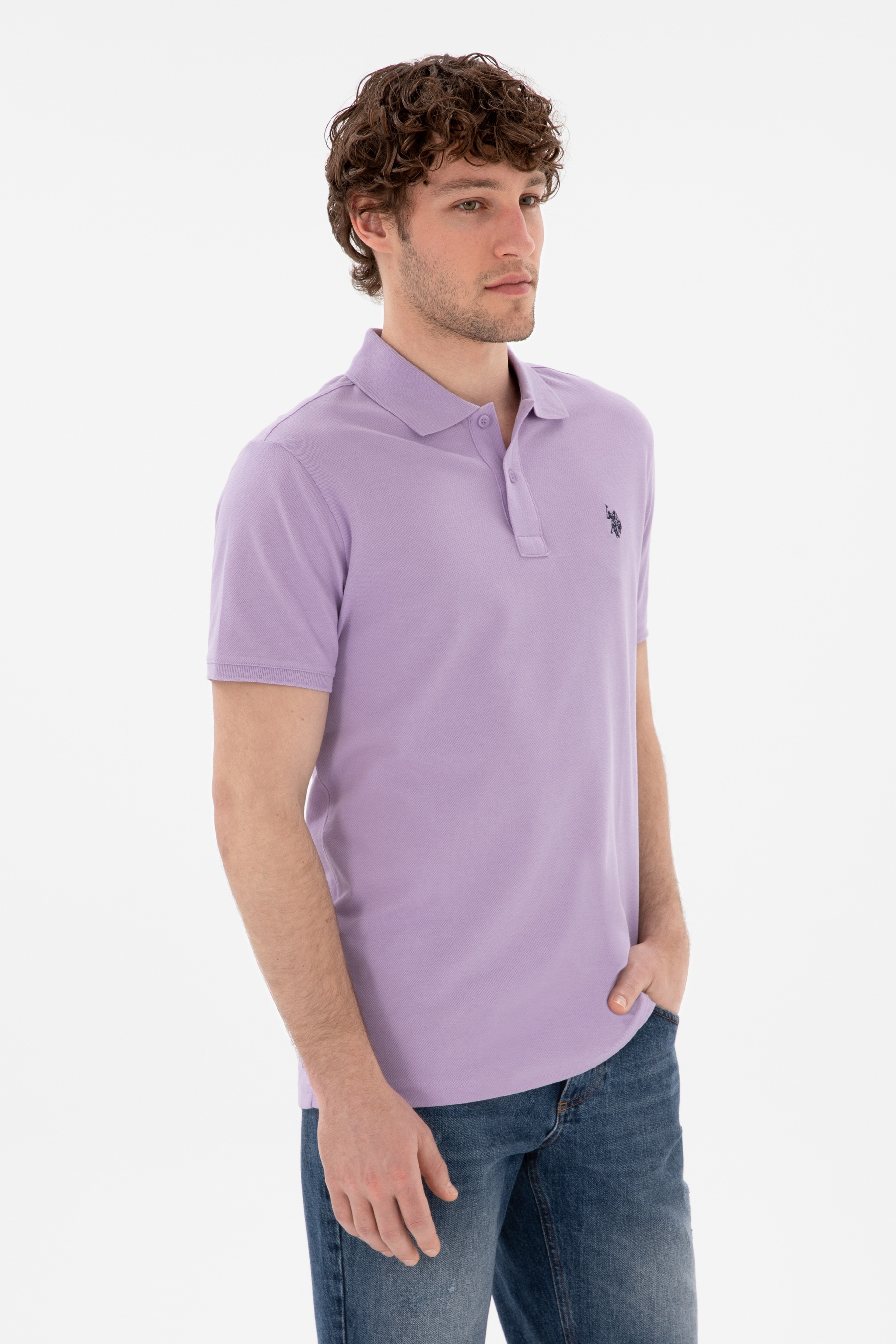 Erkek Slim Fit Polo Yaka Lila Basic Tişört - Image 1