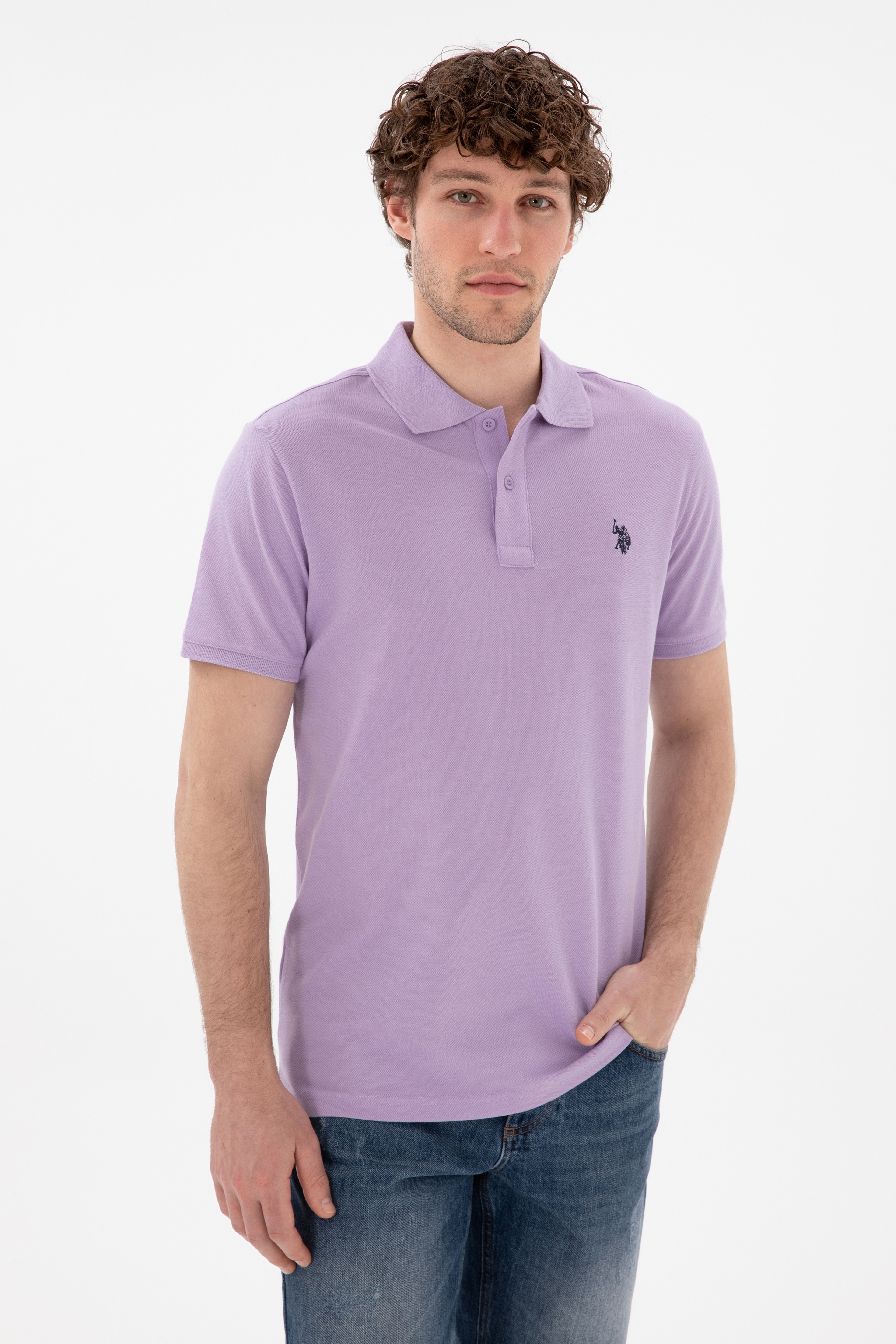 Erkek Slim Fit Polo Yaka Lila Basic Tişört - Image 3