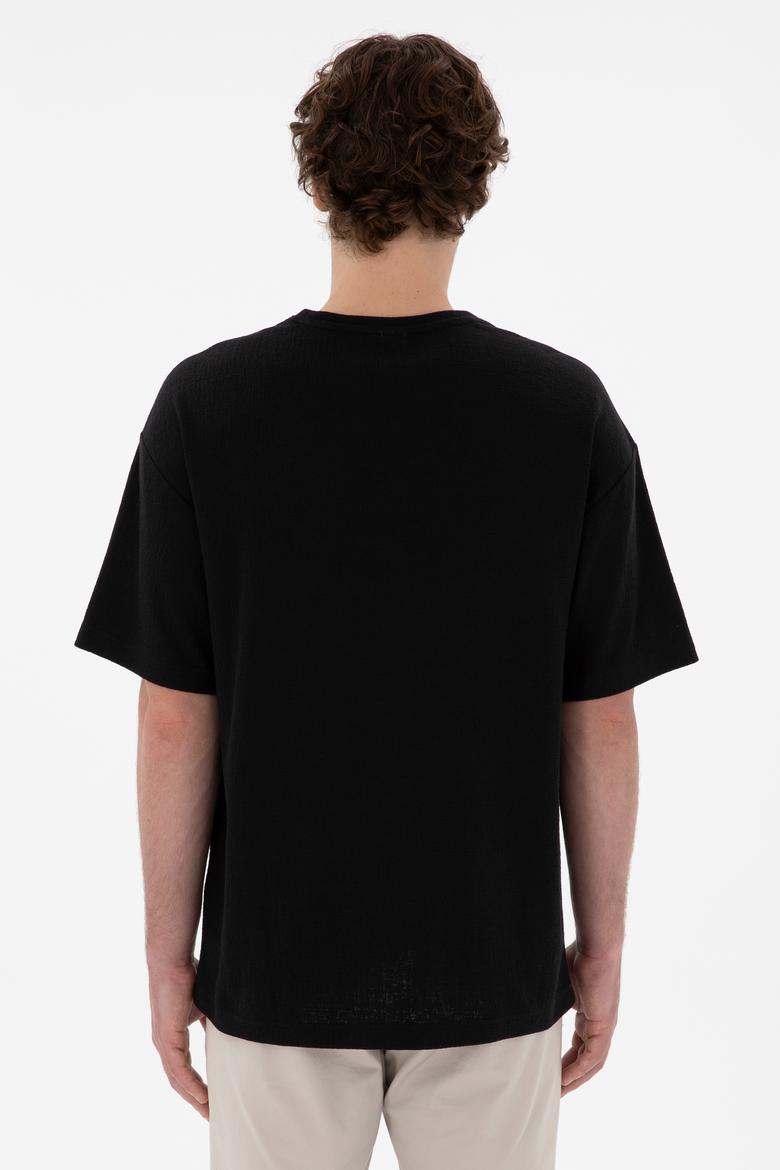 Erkek Comfort Fit Bisiklet Yaka Siyah Jakarlı İnterlok Tişört - 50308448019