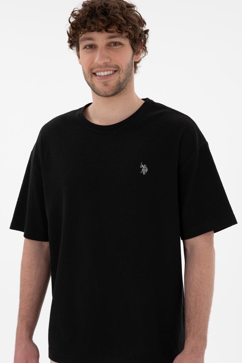 Erkek Comfort Fit Bisiklet Yaka Siyah Jakarlı İnterlok Tişört - 50308448019