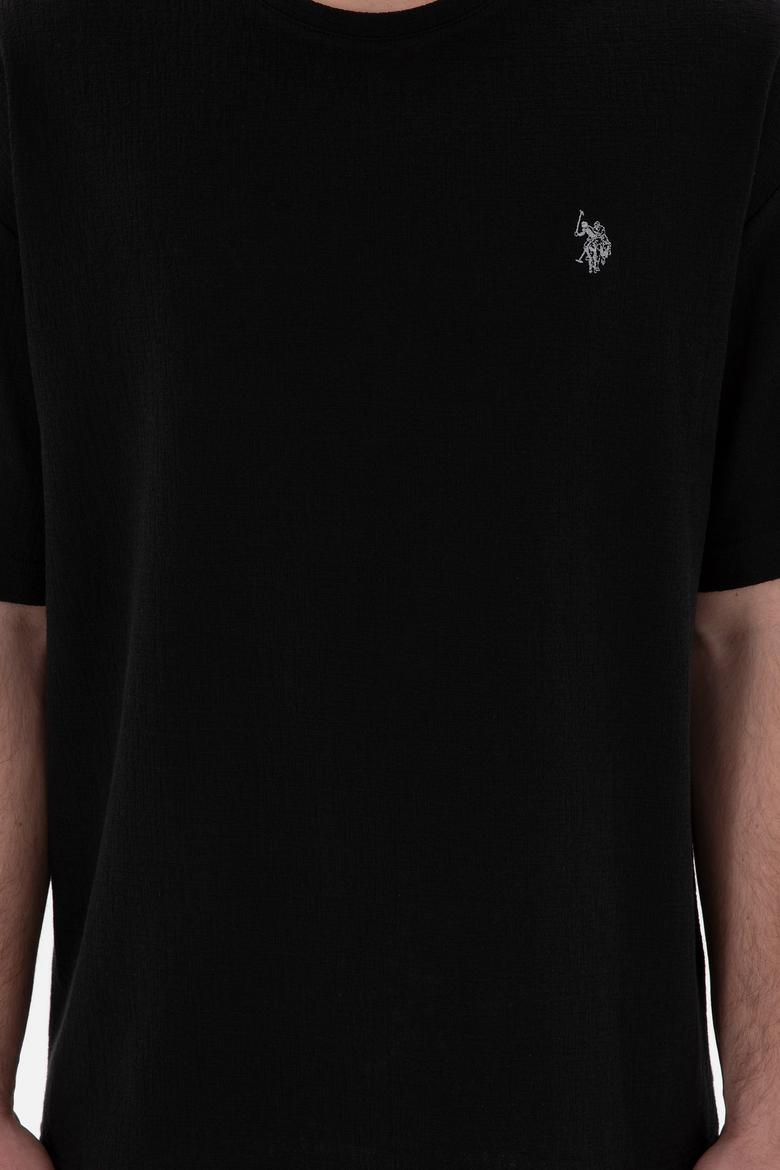 Erkek Comfort Fit Bisiklet Yaka Siyah Jakarlı İnterlok Tişört - 50308448019