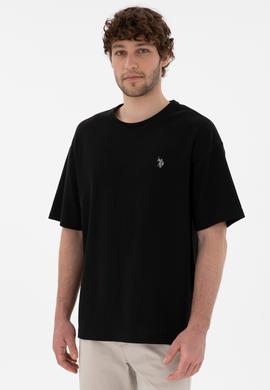 Erkek Comfort Fit Bisiklet Yaka Siyah Jakarlı İnterlok Tişört - 50308448019