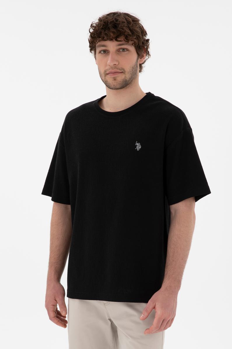 Erkek Comfort Fit Bisiklet Yaka Siyah Jakarlı İnterlok Tişört