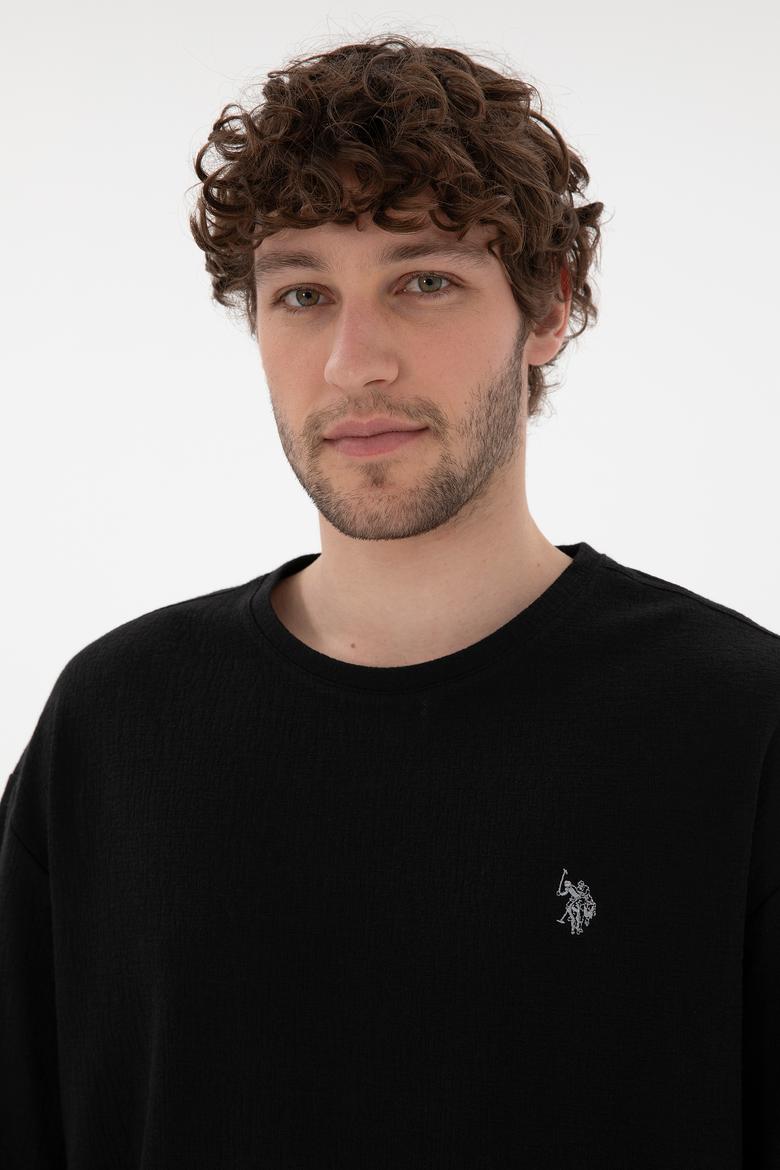 Erkek Comfort Fit Bisiklet Yaka Siyah Jakarlı İnterlok Tişört - 50308448019