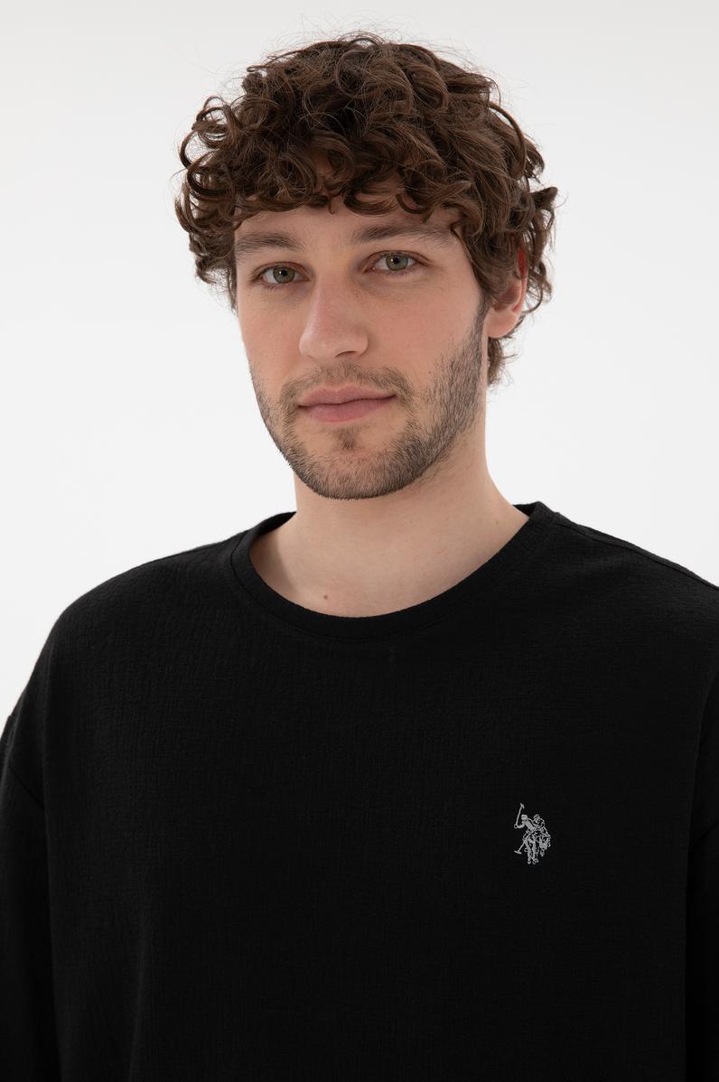 Erkek Comfort Fit Bisiklet Yaka Siyah Jakarlı İnterlok Tişört