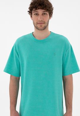 Erkek Comfort Fit Bisiklet Yaka Mint Jakarlı İnterlok Tişört - 50308448026