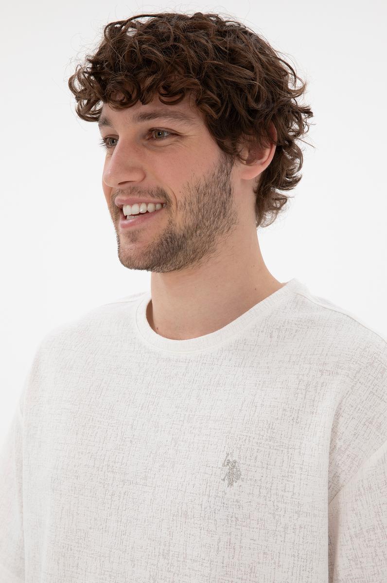 Erkek Comfort Fit Bisiklet Yaka  Ekru Jakarlı İnterlok Tişört