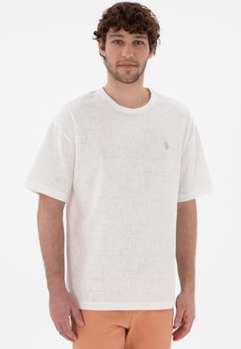 Erkek Comfort Fit Bisiklet Yaka  Ekru Jakarlı İnterlok Tişört - 50308448031