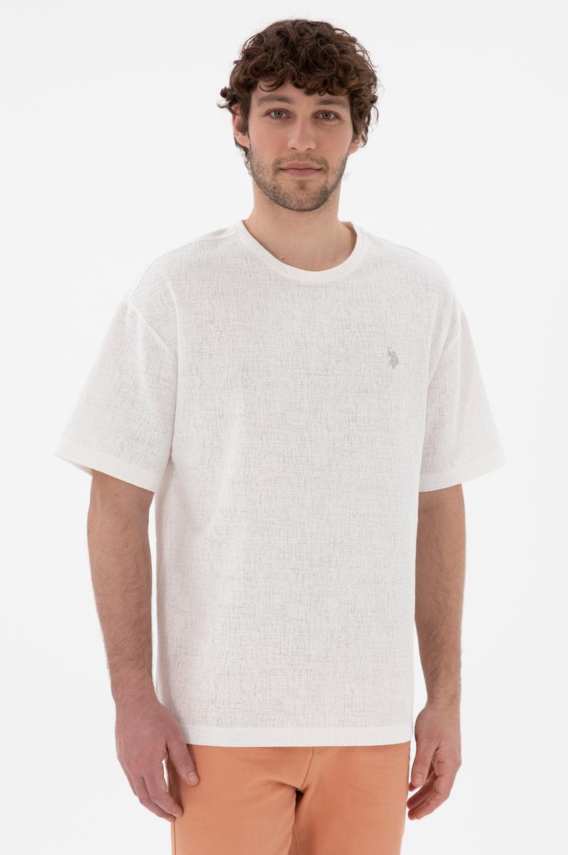 Erkek Comfort Fit Bisiklet Yaka  Ekru Jakarlı İnterlok Tişört