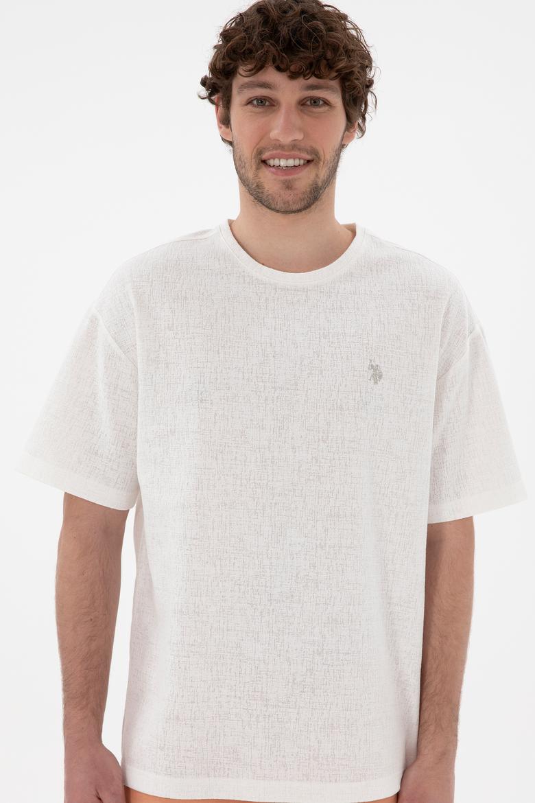 Erkek Comfort Fit Bisiklet Yaka  Ekru Jakarlı İnterlok Tişört - 50308448031