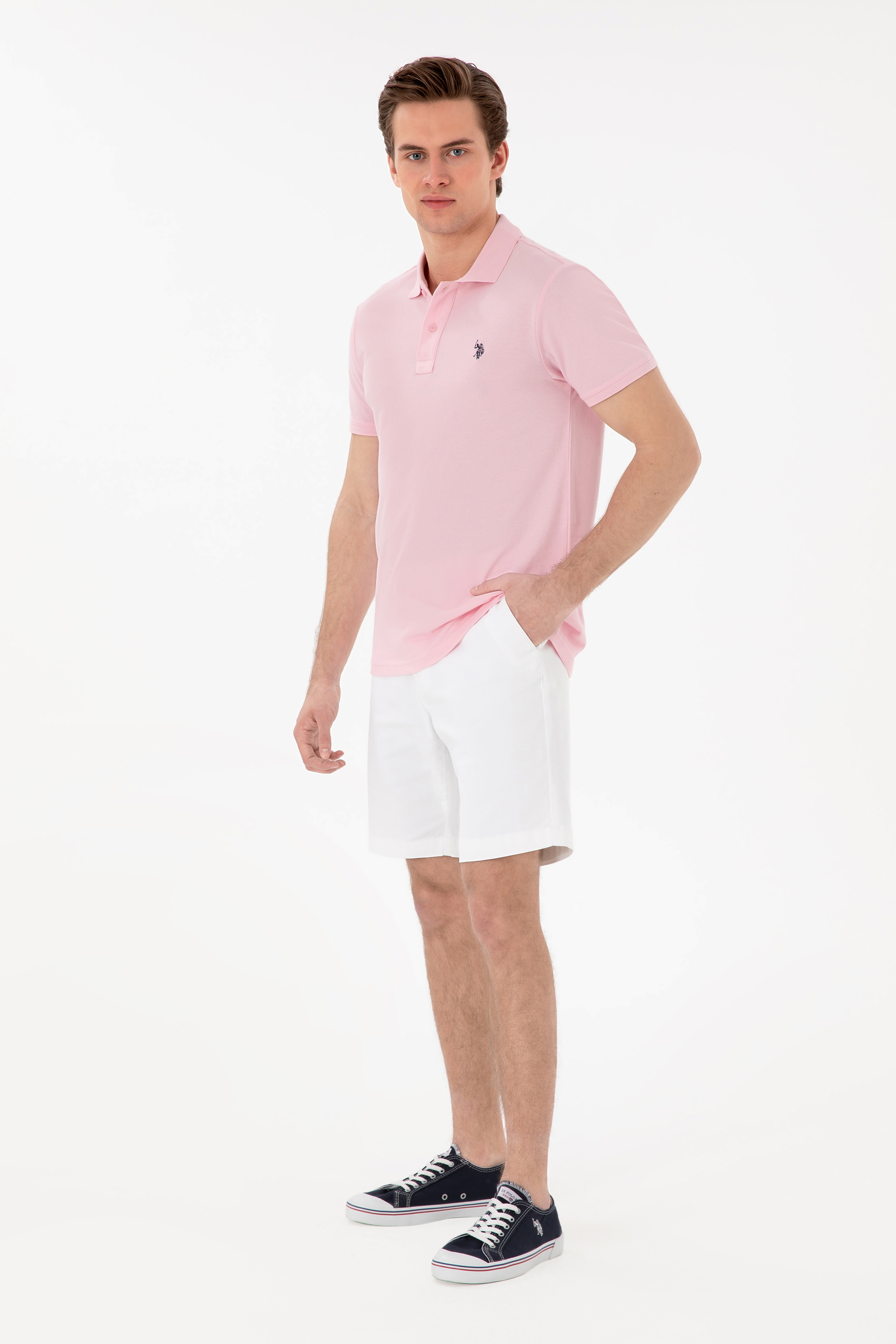 Erkek Slim Fit Polo Yaka Açık Pembe Basic Tişört - Image 4