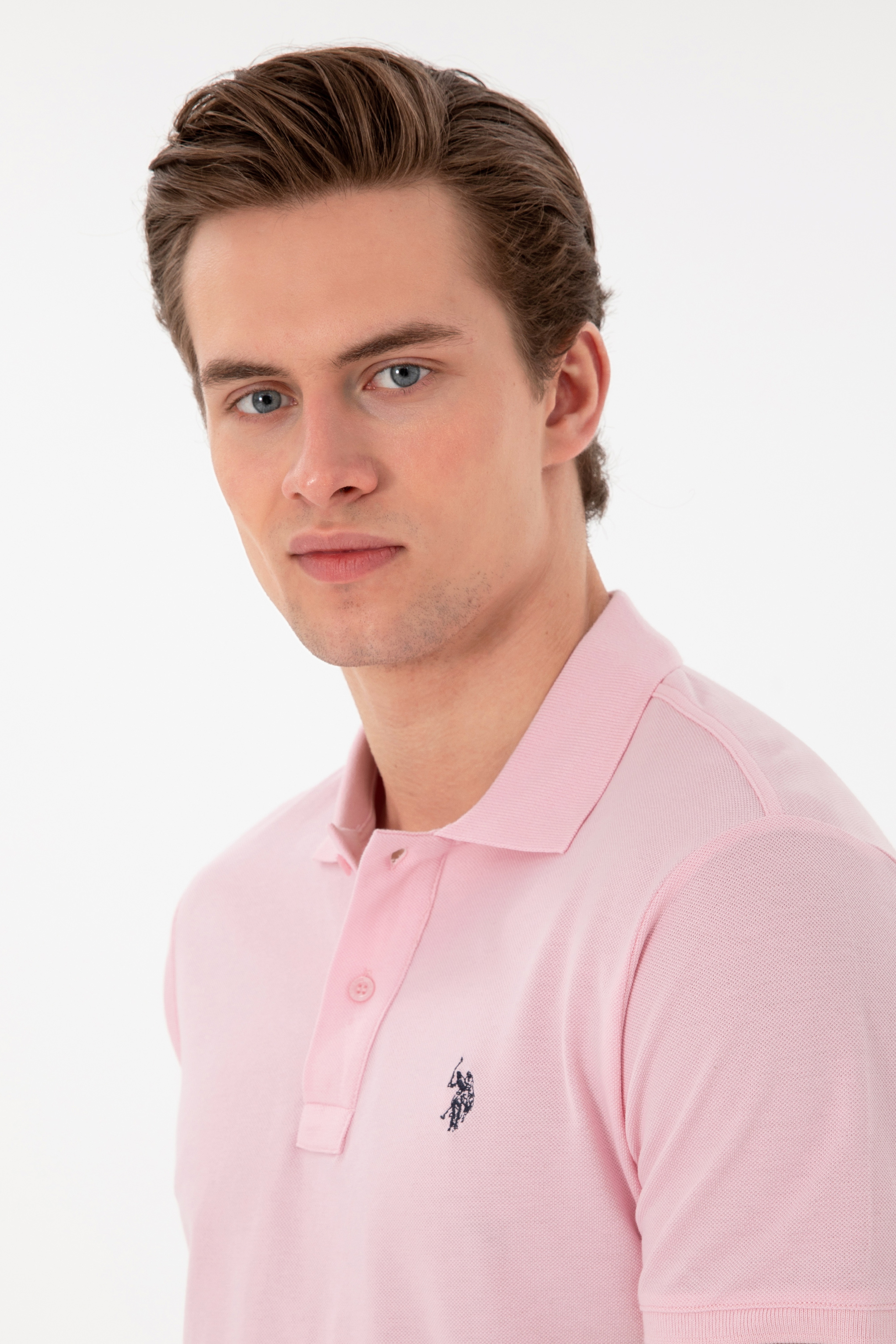 Erkek Slim Fit Polo Yaka Açık Pembe Basic Tişört - Image 2