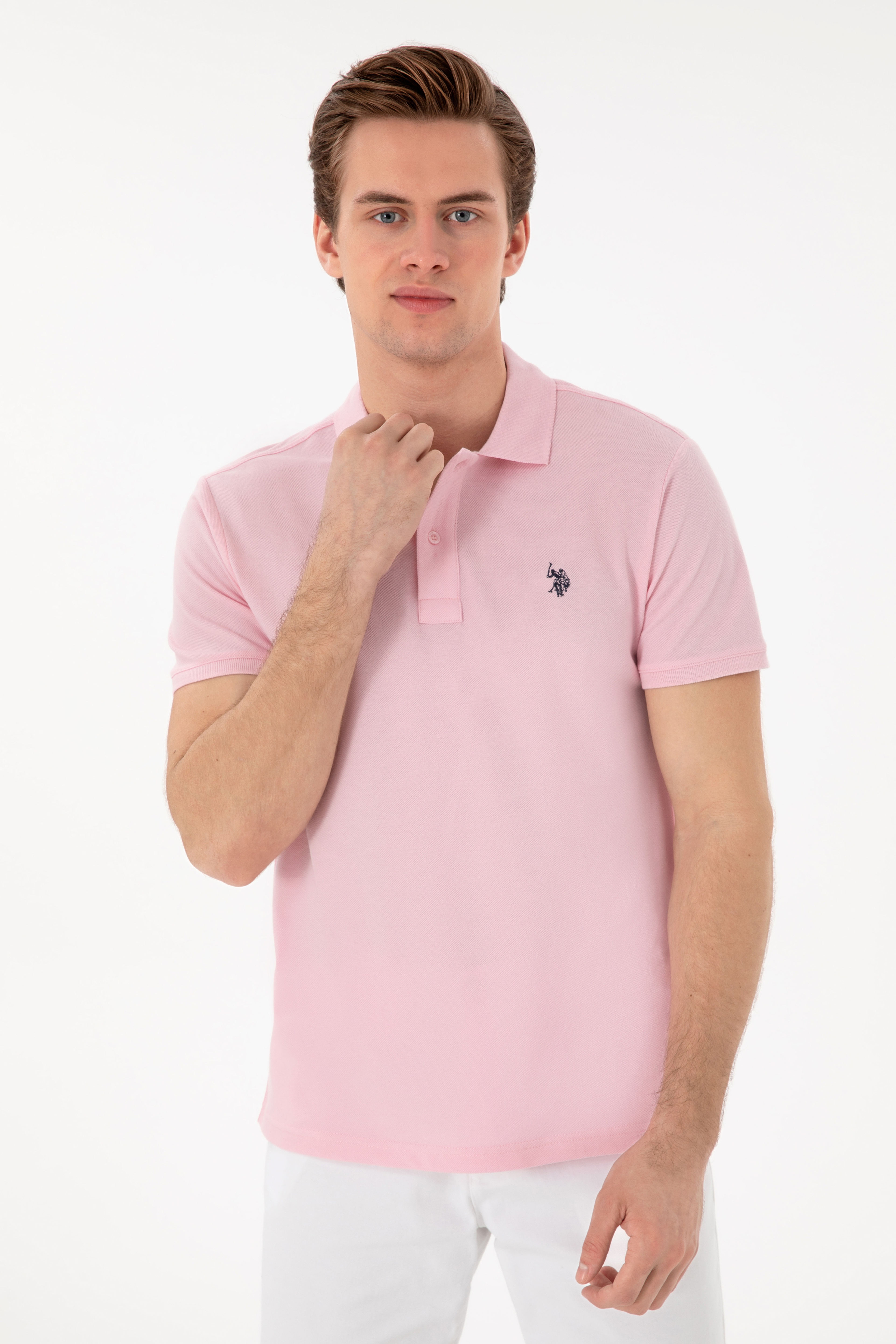 Erkek Slim Fit Polo Yaka Açık Pembe Basic Tişört - Image 3