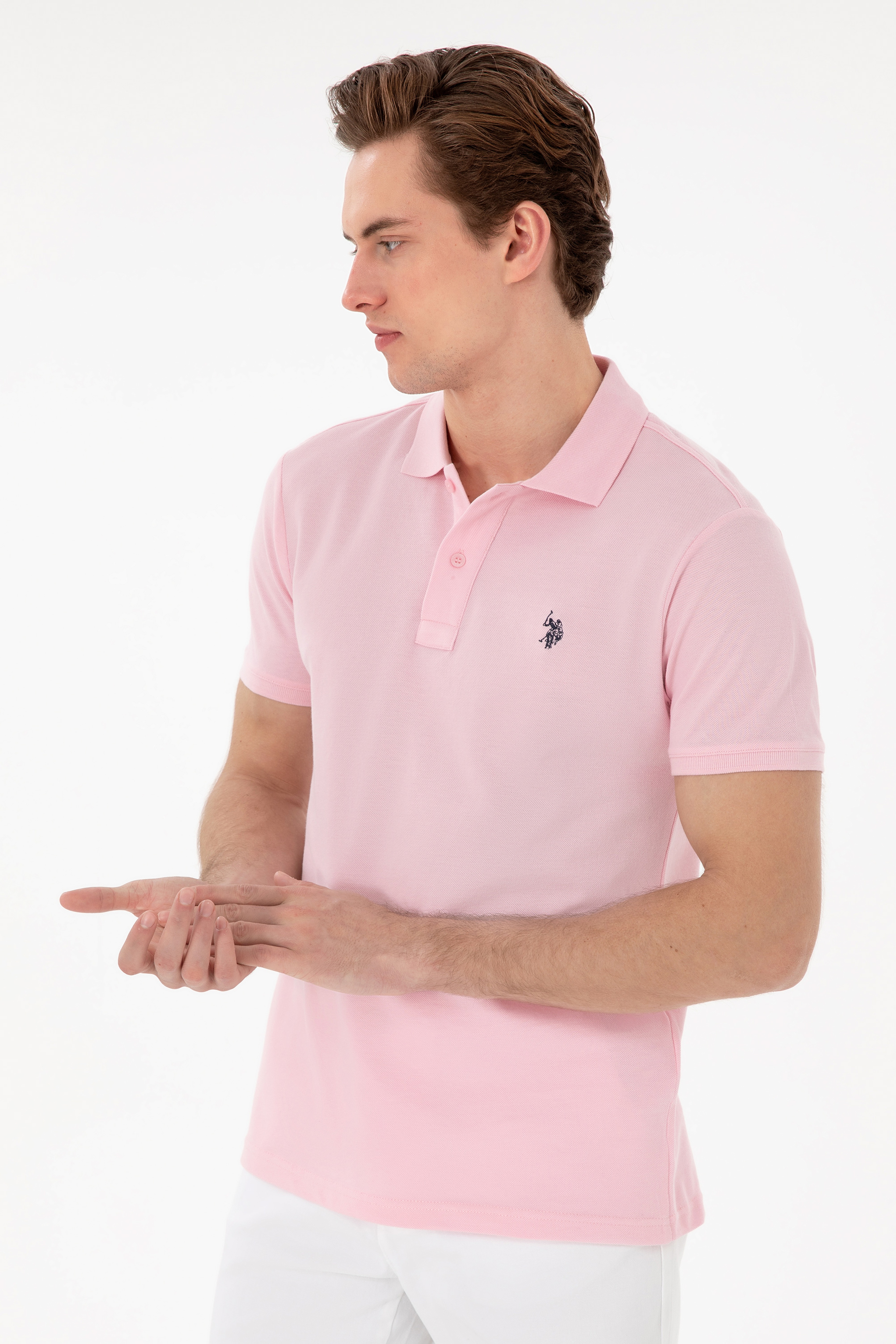 Erkek Slim Fit Polo Yaka Açık Pembe Basic Tişört - Image 1