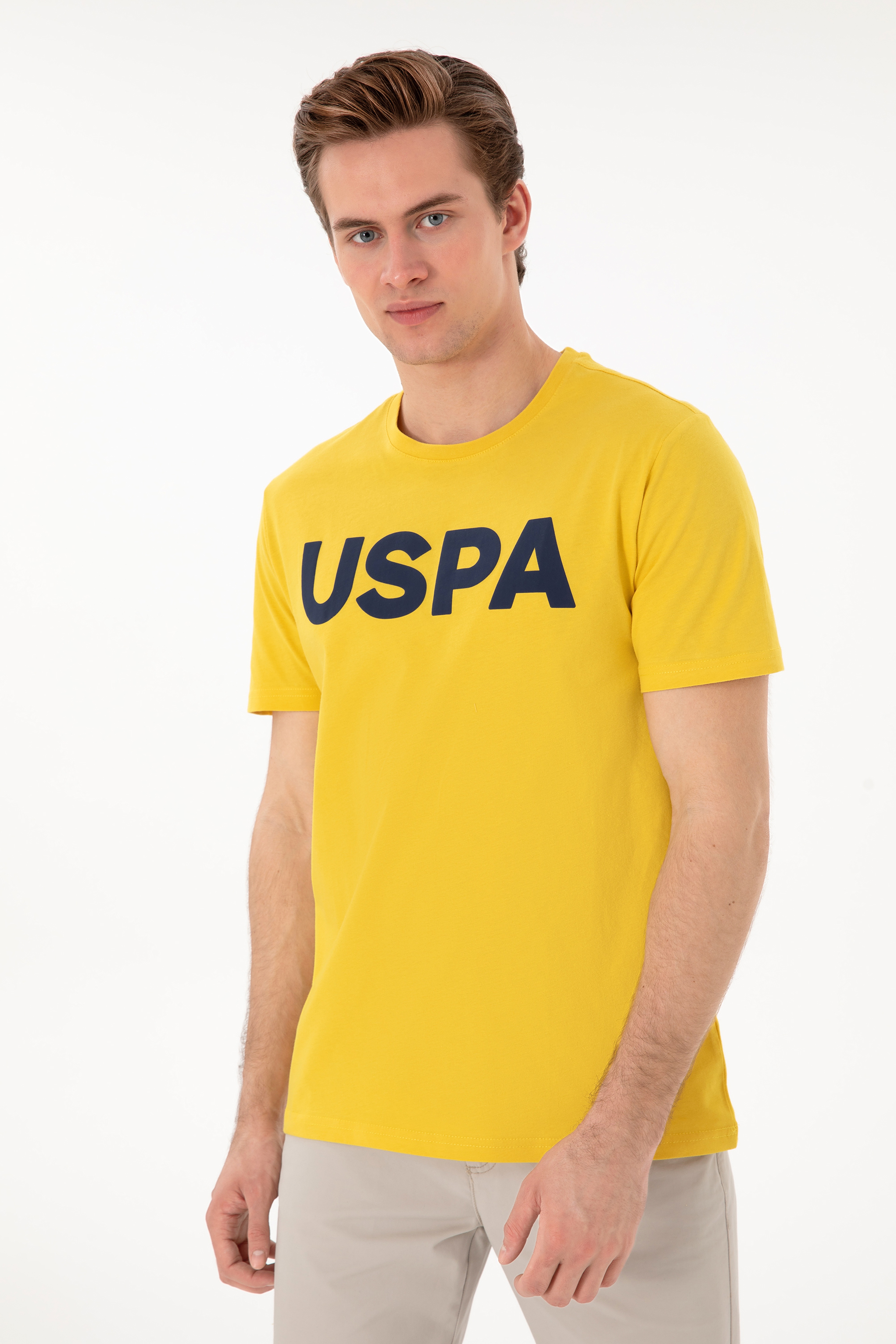 Erkek Regular Fit Bisiklet Yaka Koyu Sarı Basic Tişört - Image 3