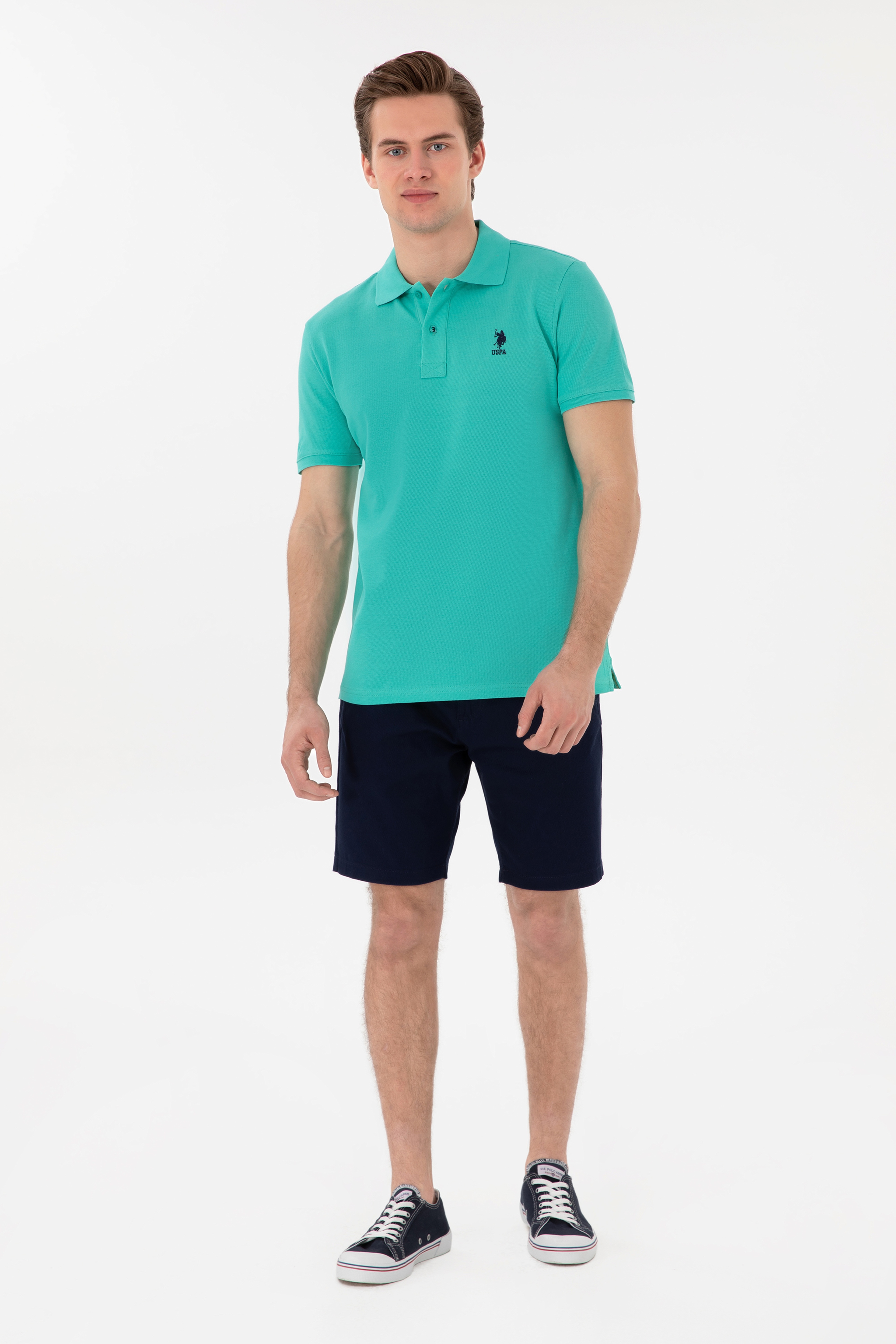 Erkek Slim Fit Polo Yaka Mint Basic Tişört - Image 4