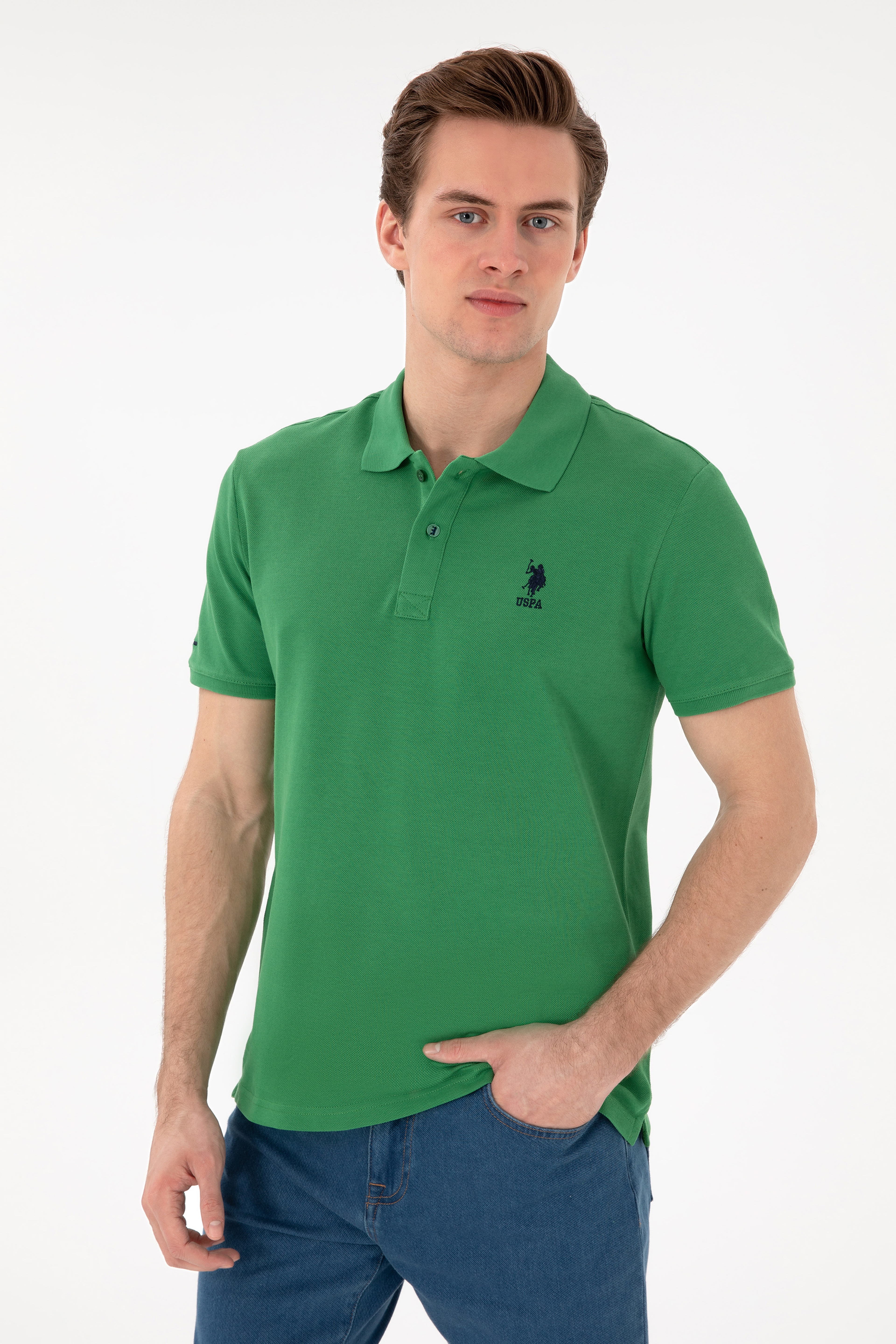Erkek Slim Fit Polo Yaka Yeşil Basic Tişört - Image 3