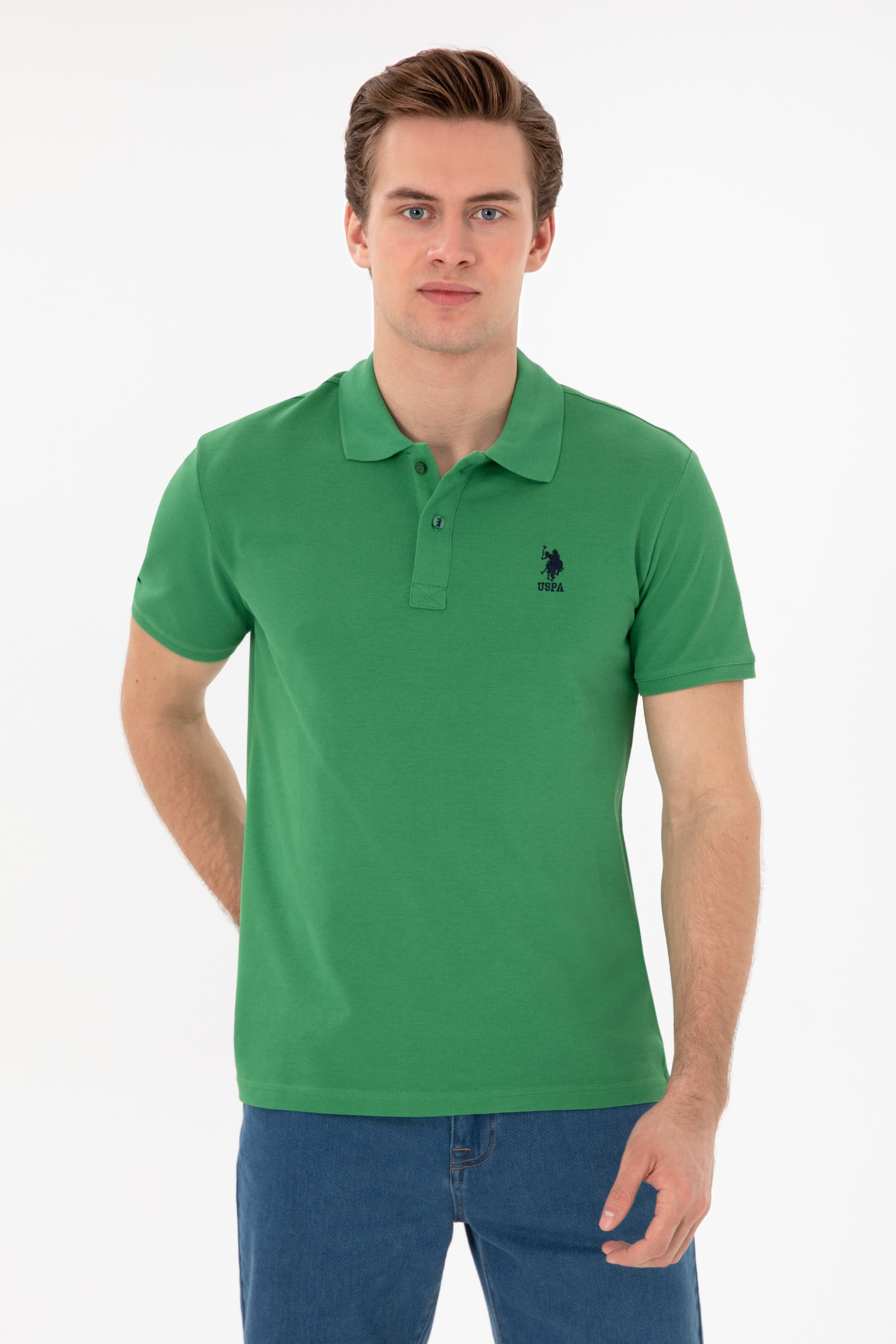 Erkek Slim Fit Polo Yaka Yeşil Basic Tişört - Image 1