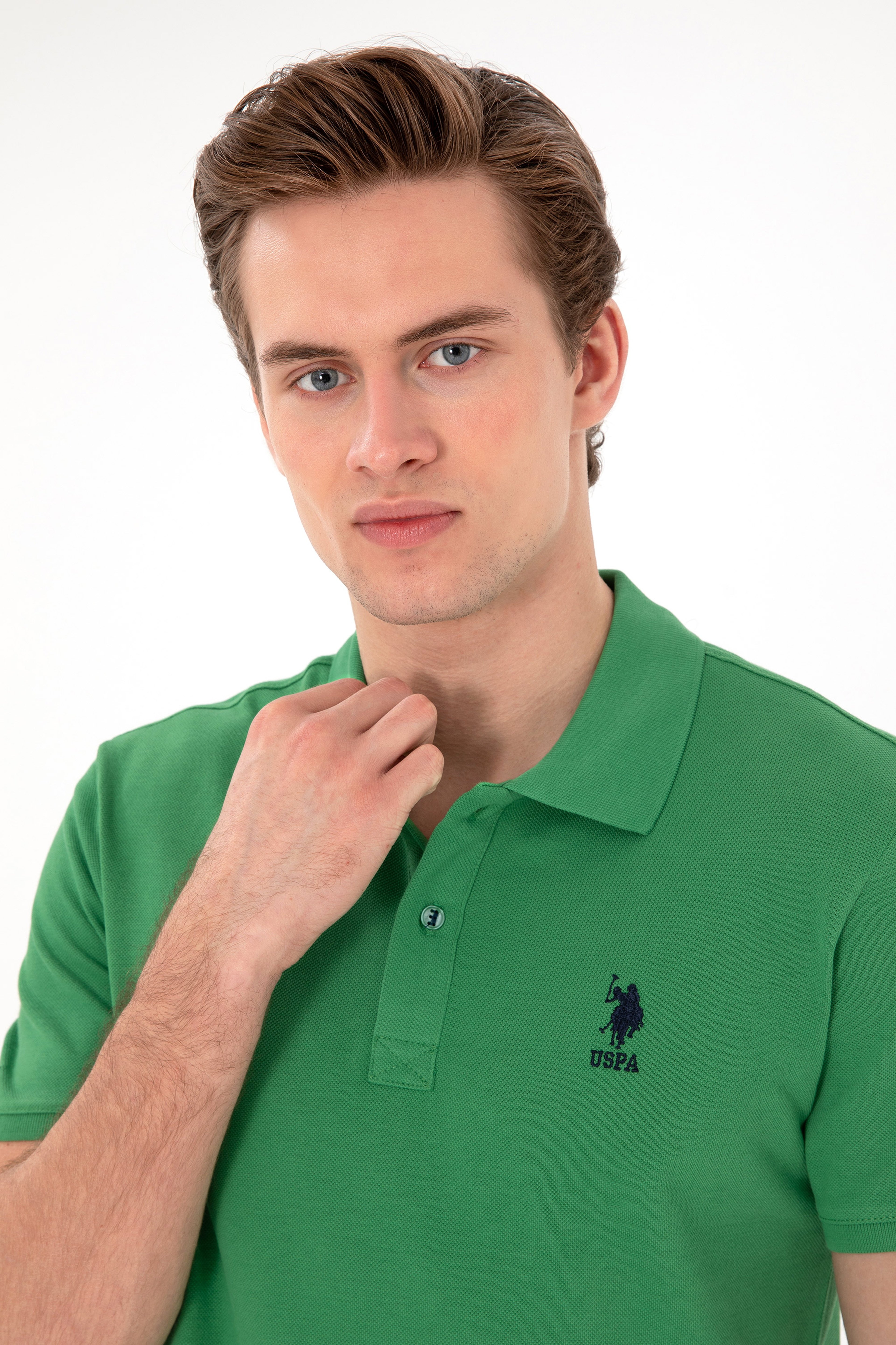 Erkek Slim Fit Polo Yaka Yeşil Basic Tişört