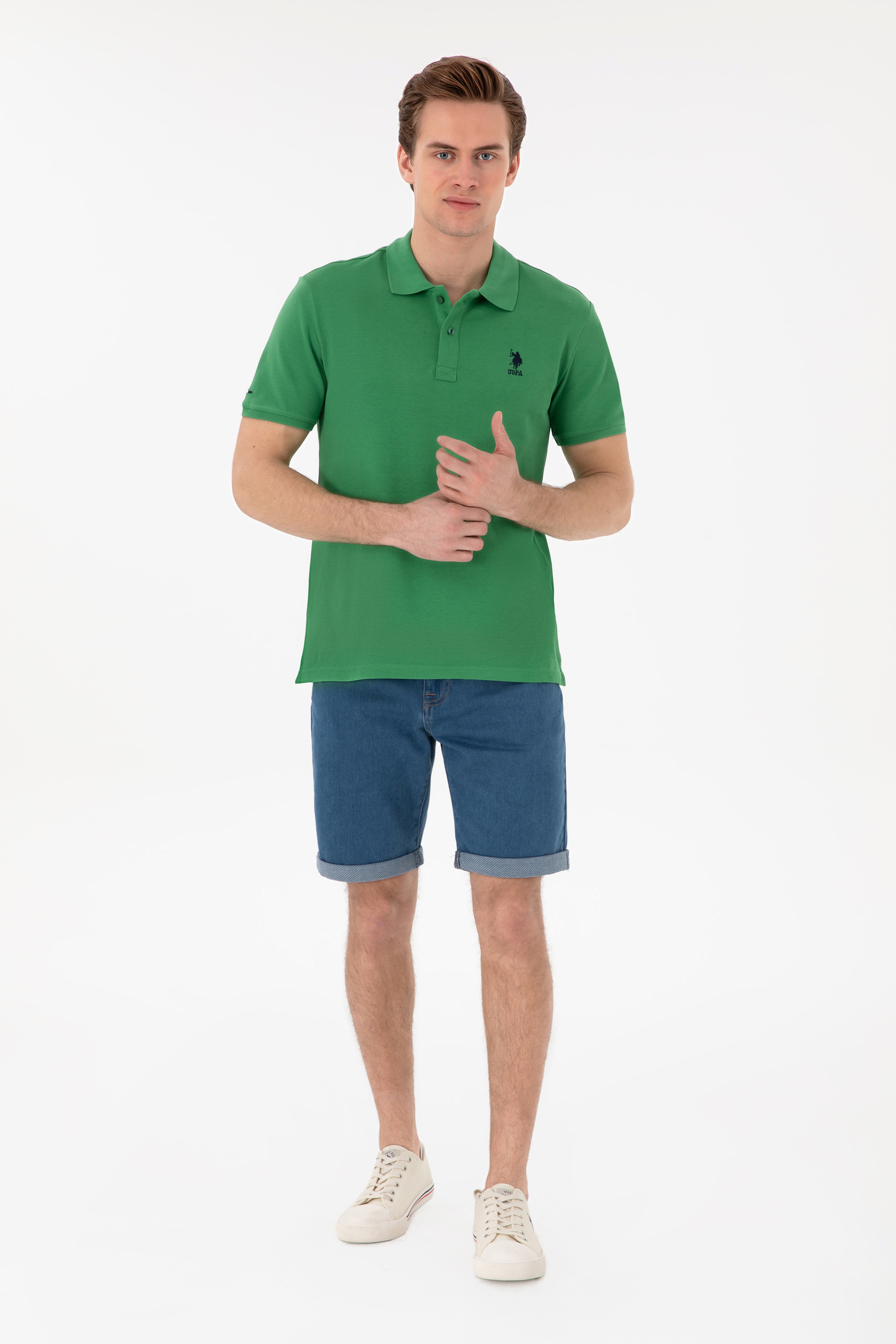 Erkek Slim Fit Polo Yaka Yeşil Basic Tişört