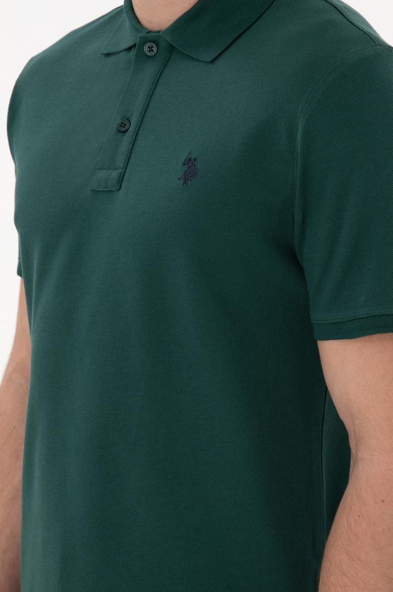 Erkek Slim Fit Polo Yaka Koyu Yeşil Basic Tişört
