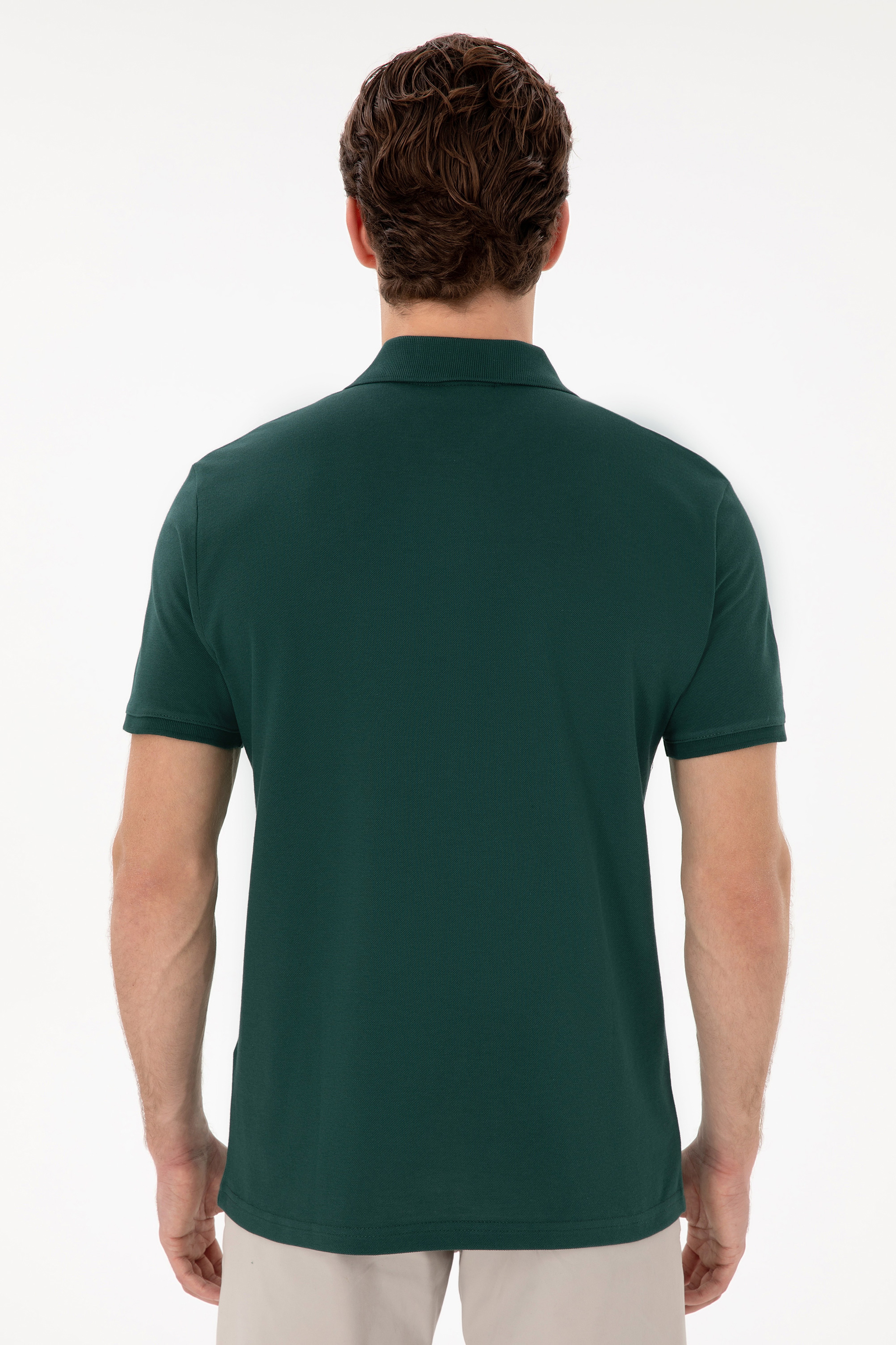 Erkek Slim Fit Polo Yaka Koyu Yeşil Basic Tişört