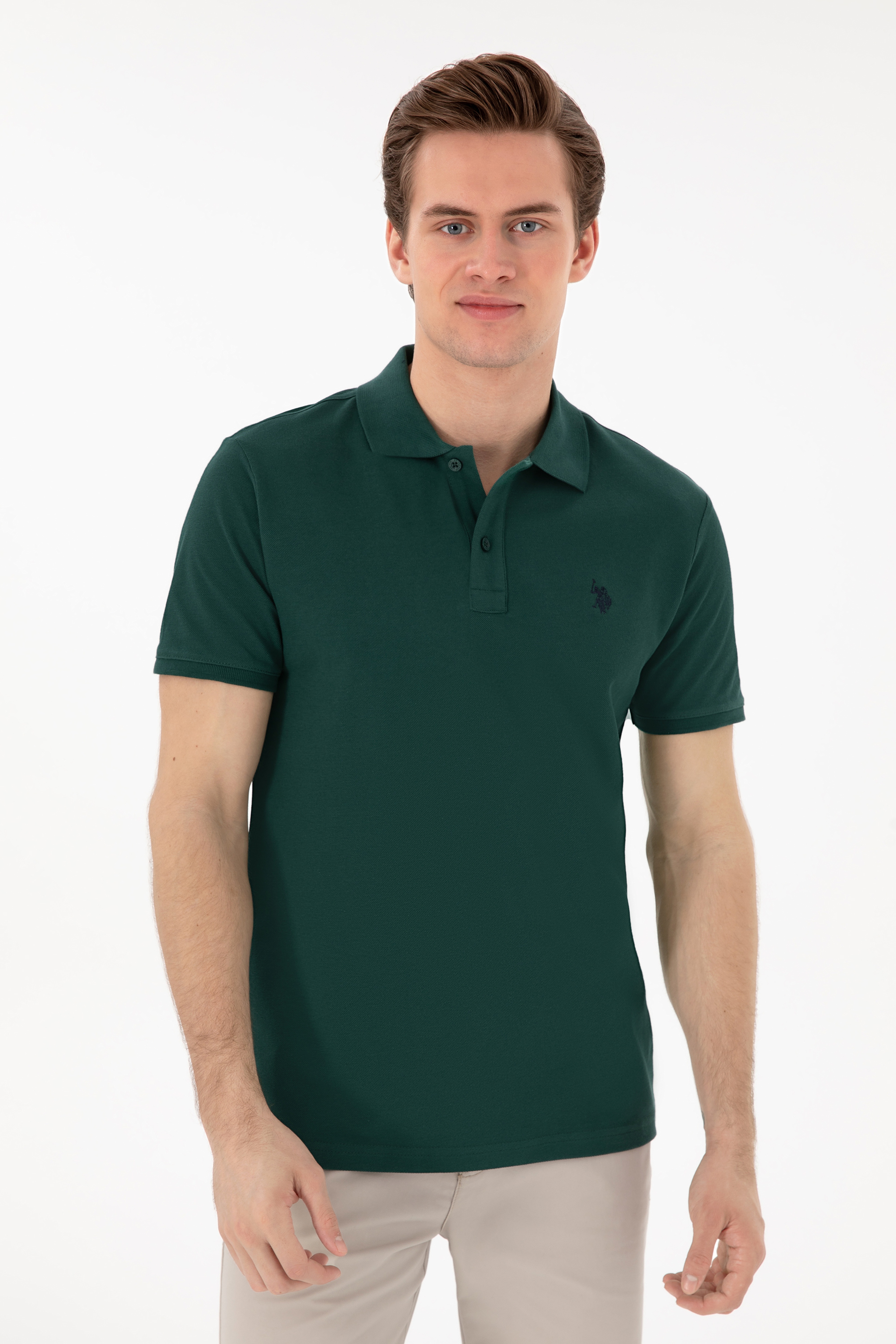 Erkek Slim Fit Polo Yaka Koyu Yeşil Basic Tişört - Image 3