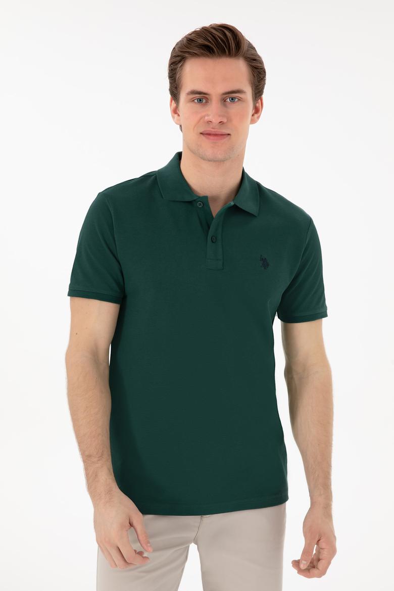 Erkek Slim Fit Polo Yaka Koyu Yeşil Basic Tişört - 50297984374