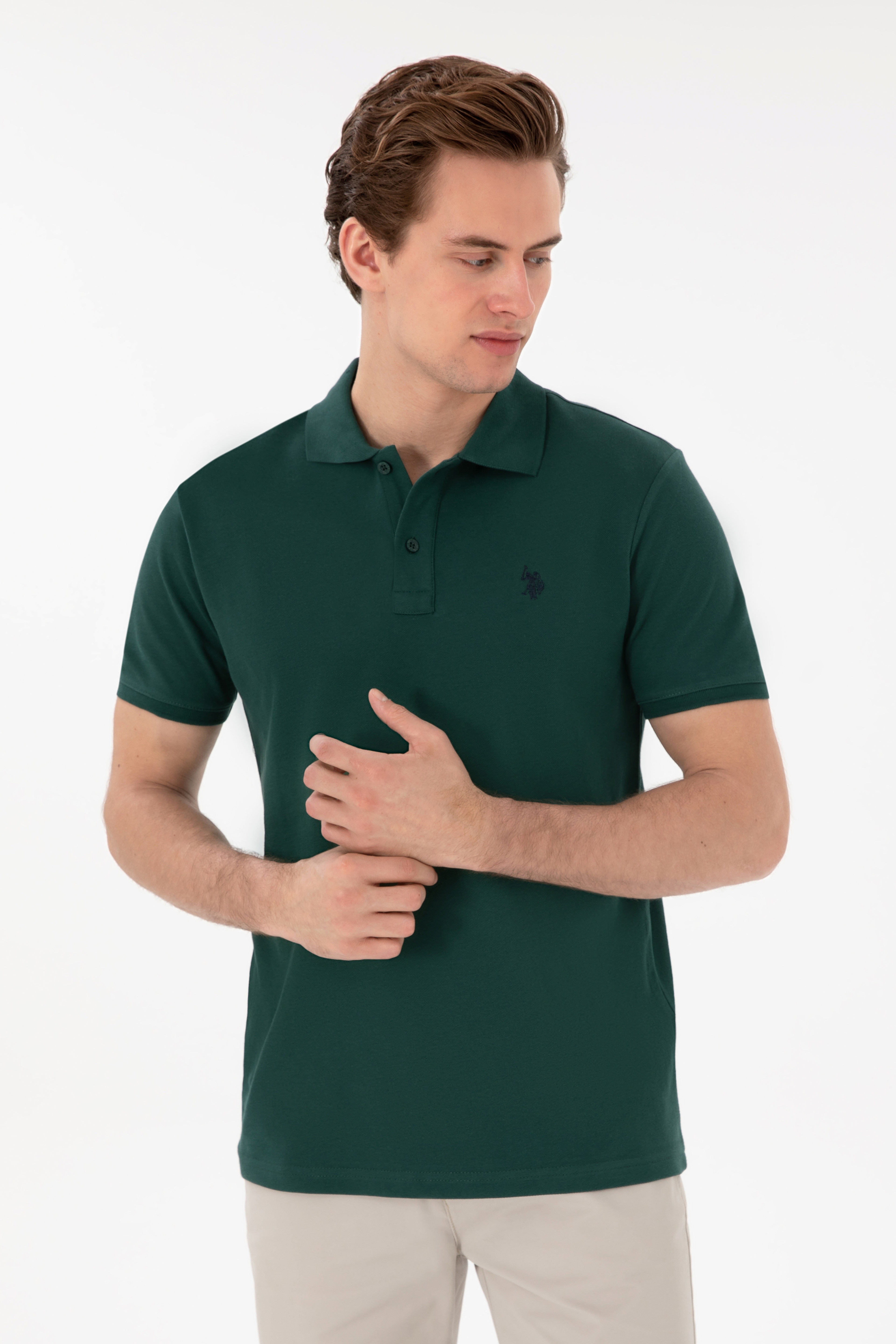 Erkek Slim Fit Polo Yaka Koyu Yeşil Basic Tişört - Image 1